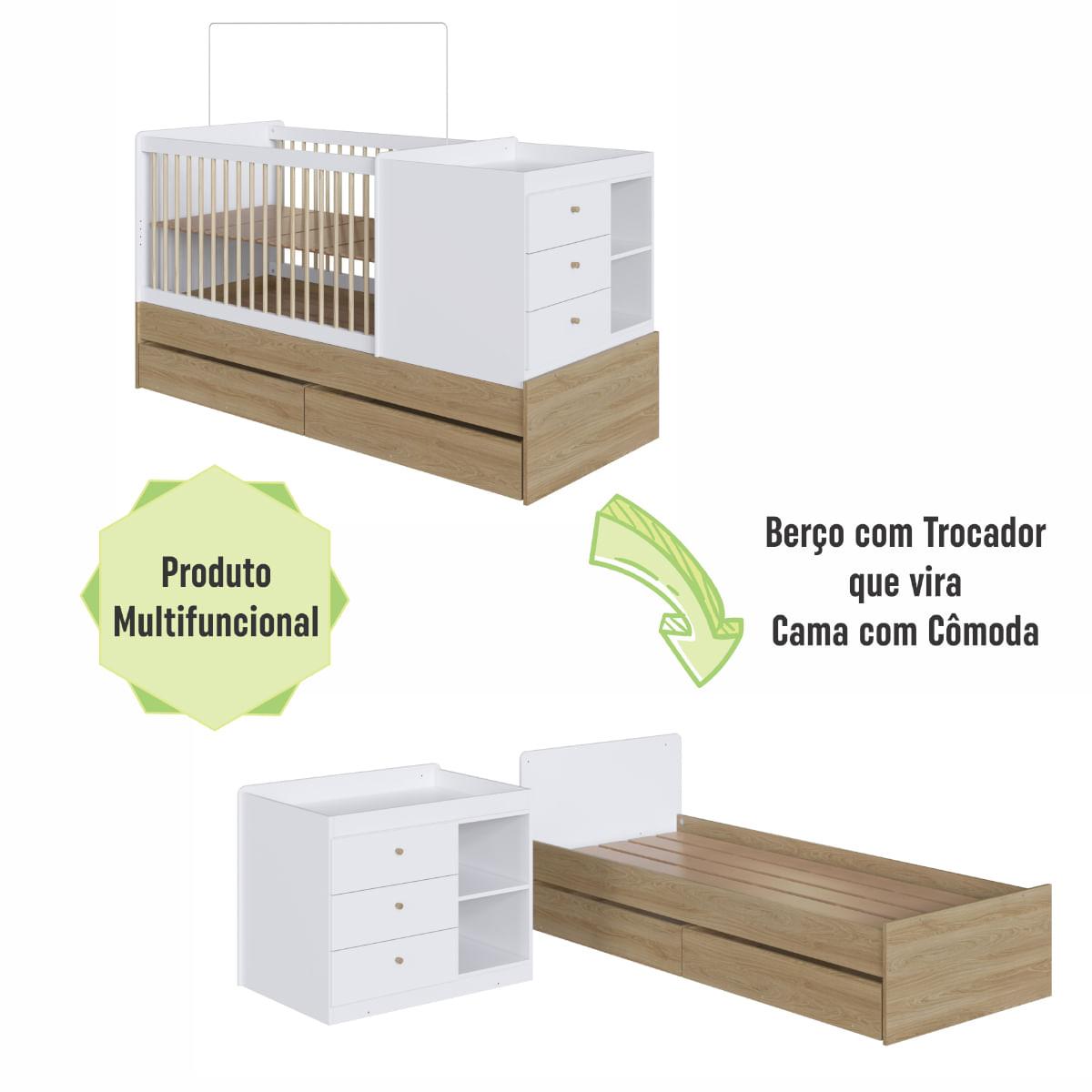 Berço Cama com Cômoda e Gavetões Aveiro e Branco Completa Móveis