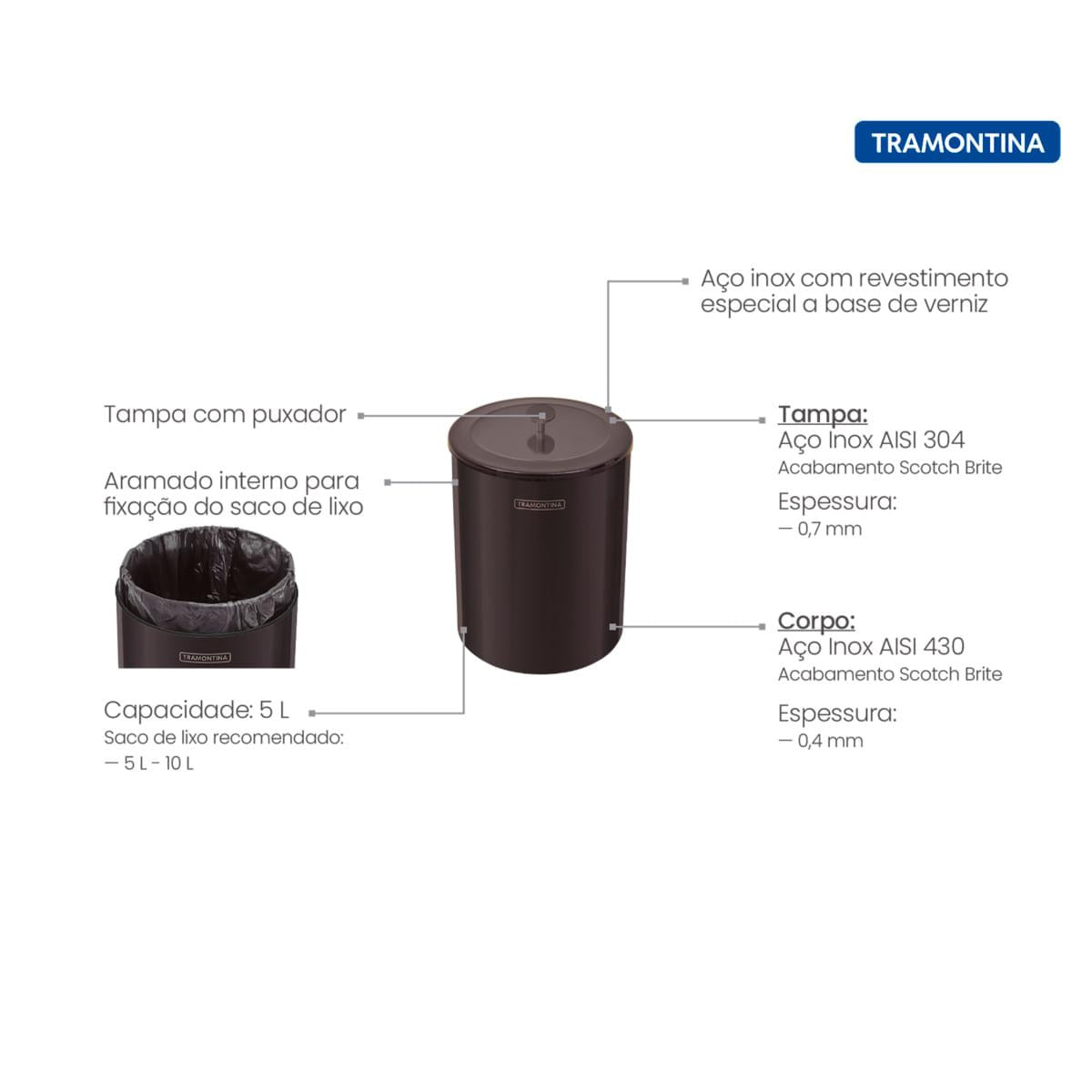 Lixeira Tramontina Útil Black 5 Litros OUTLET