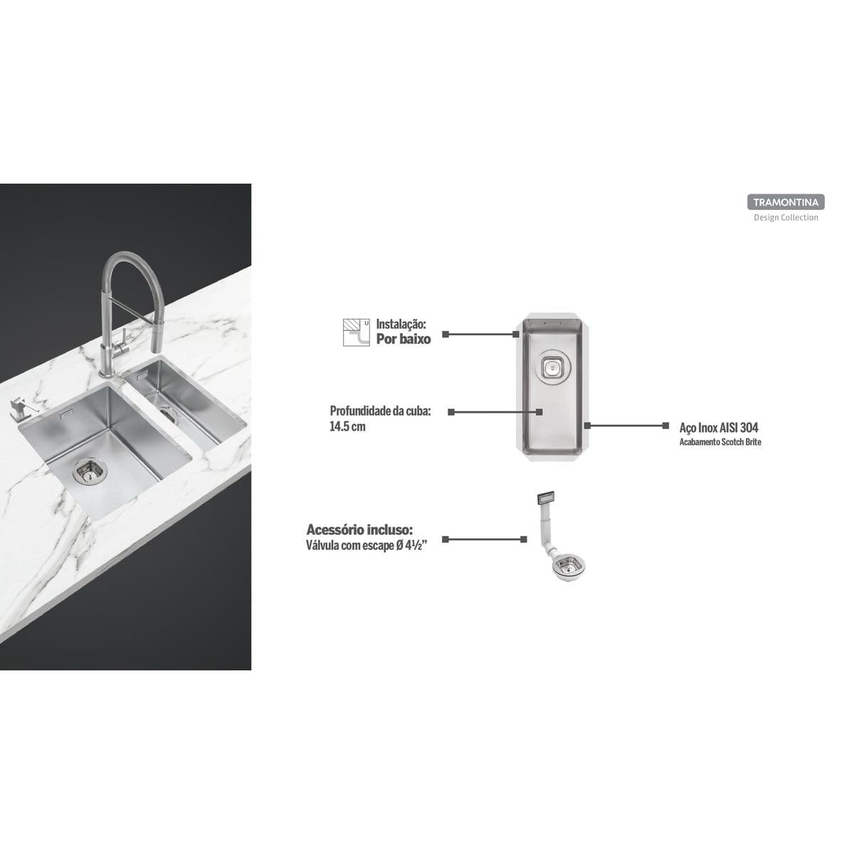 Cuba Quadrum 17 Plus U Undermount Tramontina 17 x 40 x 14 cm em Aço Inox Scotch Brite com Válvula