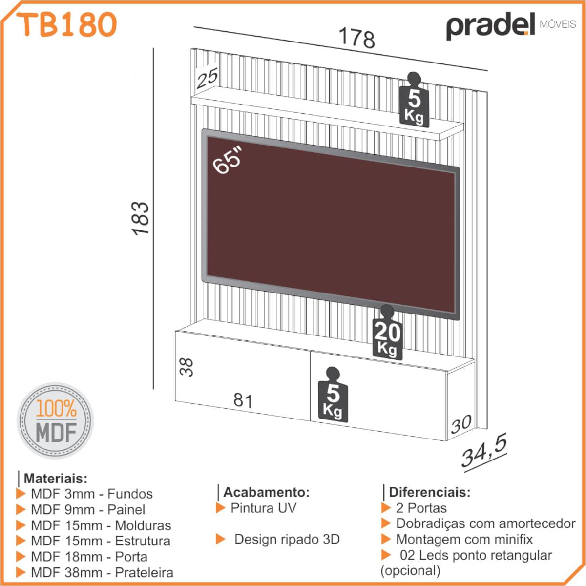 Painel Suspenso Ripado em MDF 178cm com 2 Portas Basculante Freijó/Terra Dalla Costa