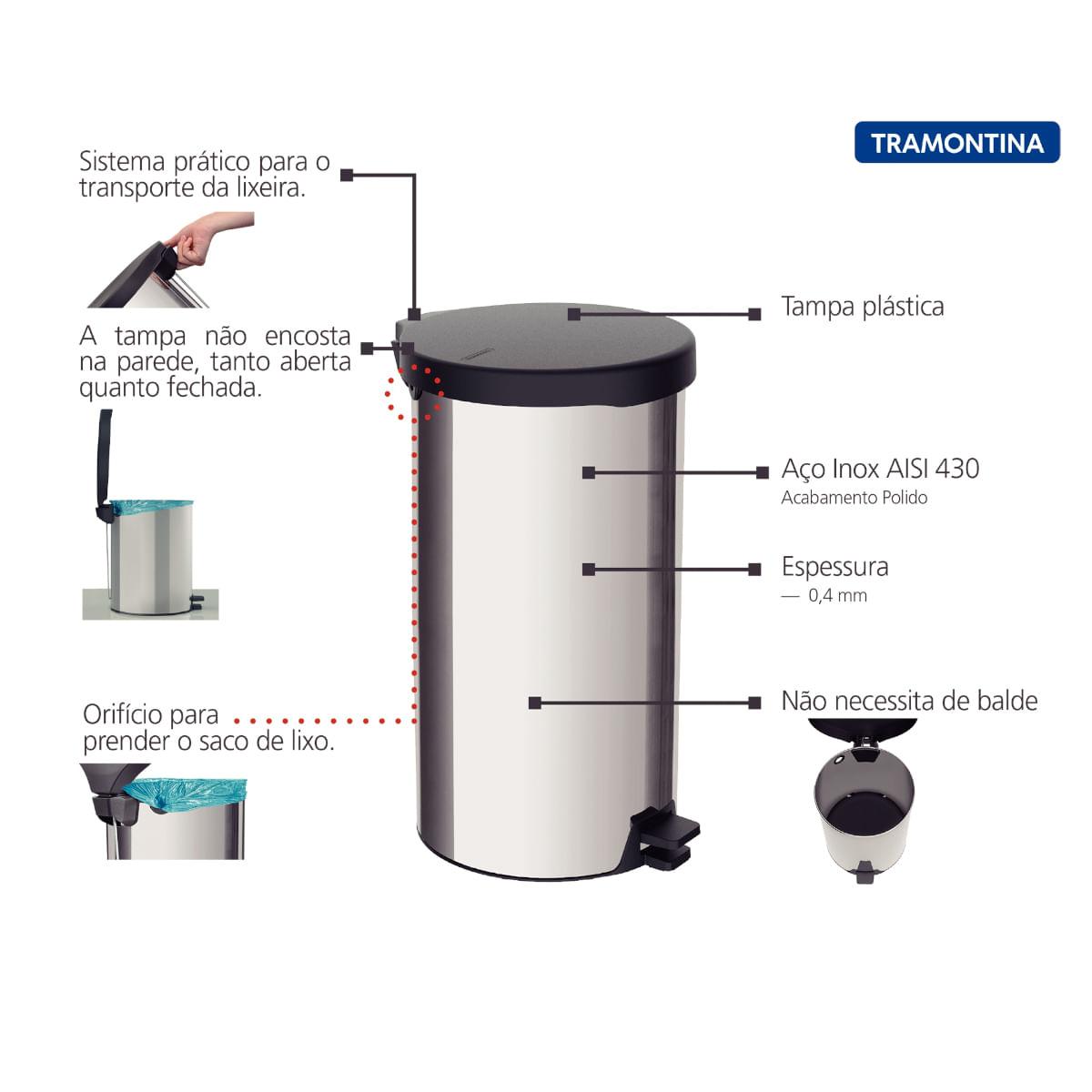 Lixeira com Pedal 20 Litros New Tramontina em Aço Inox Polido com Tampa Plástica