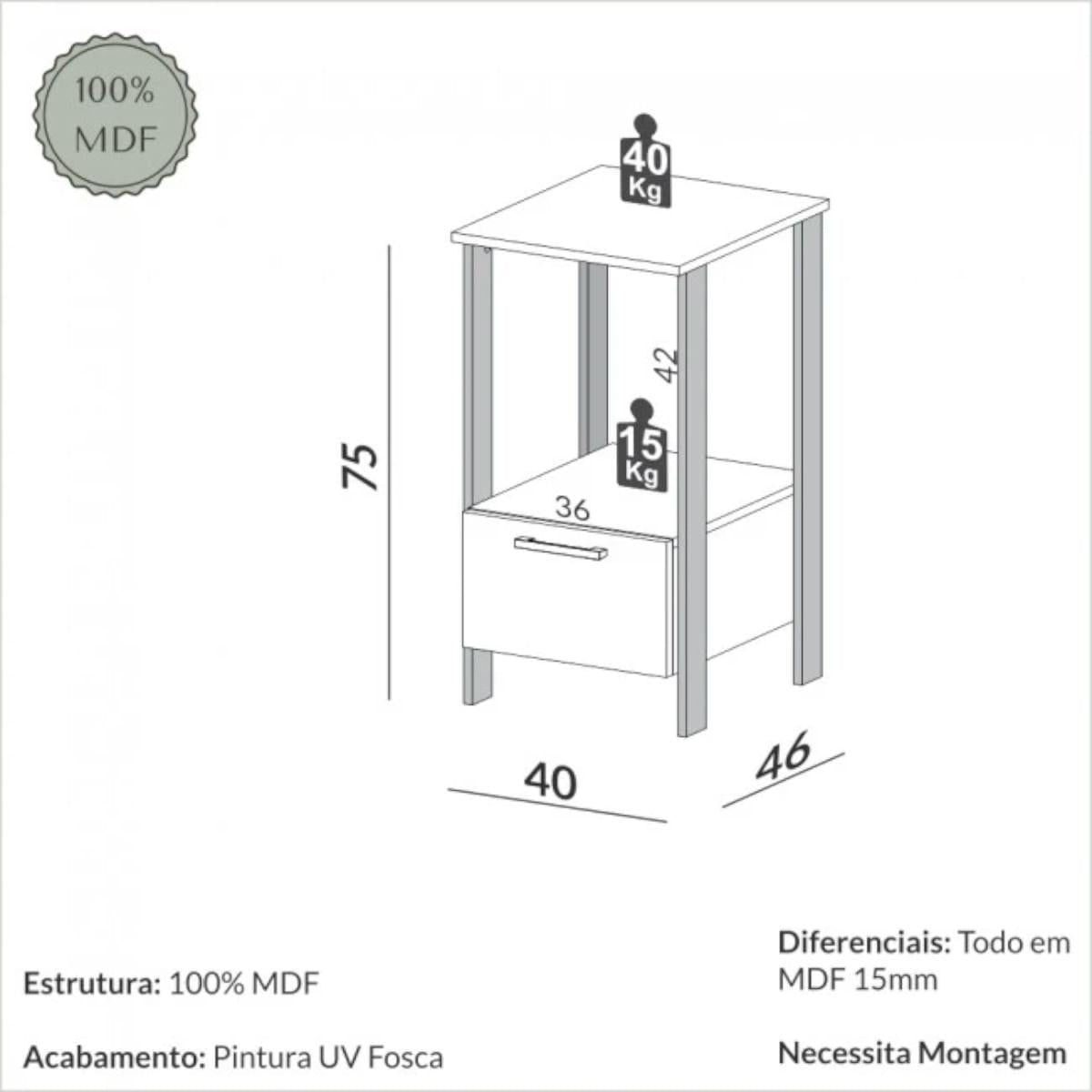 Mesa Auxiliar 1 Gaveta em MDF 40x46x75cm Off White Freijó Dalla Costa