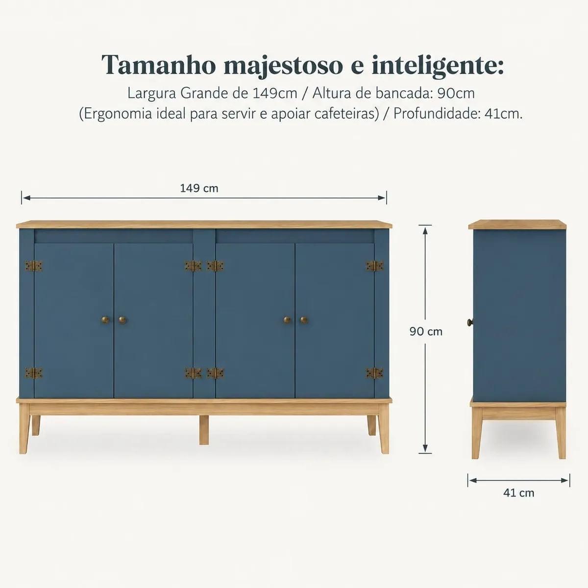 Aparador Colonial 149cm Azul Petróleo 4 Portas Movelbento