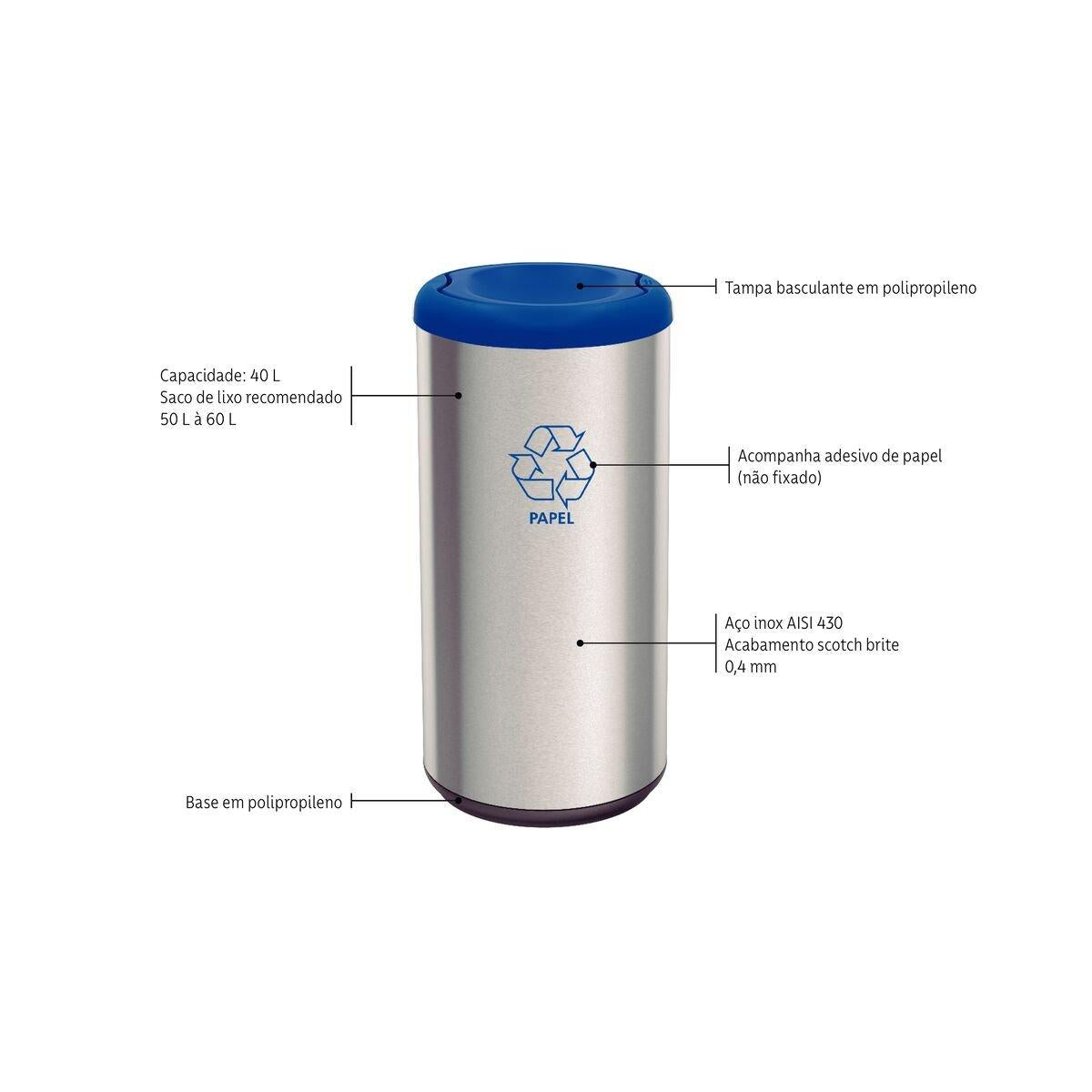 Lixeira Inox Tramontina Piemonte 40 Litros Scotch Brite e Tampa Basculante Azul Outlet