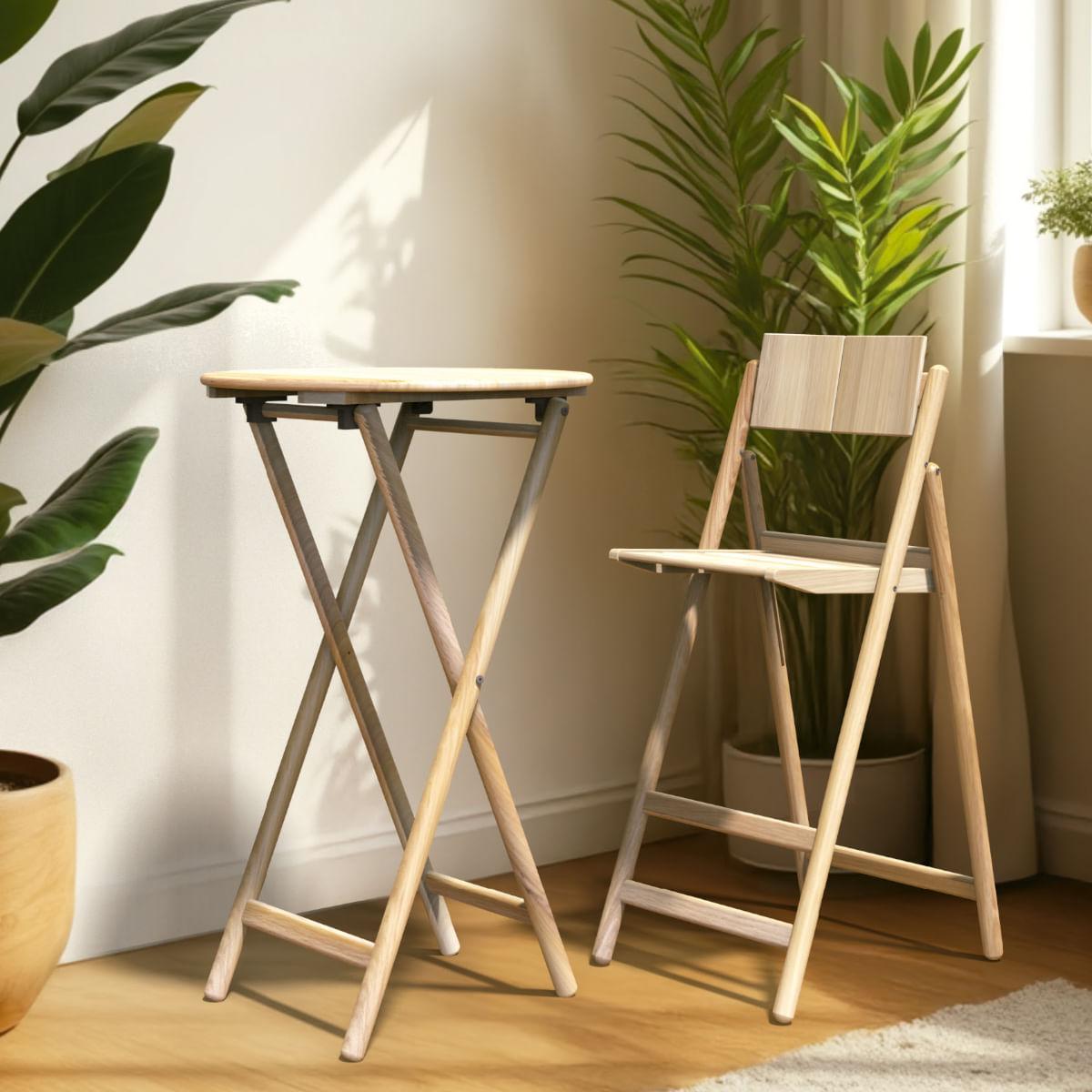 Mesa Dobrável Redonda Alta Tramontina Bossa 60x96 cm em Madeira Tauari Natural