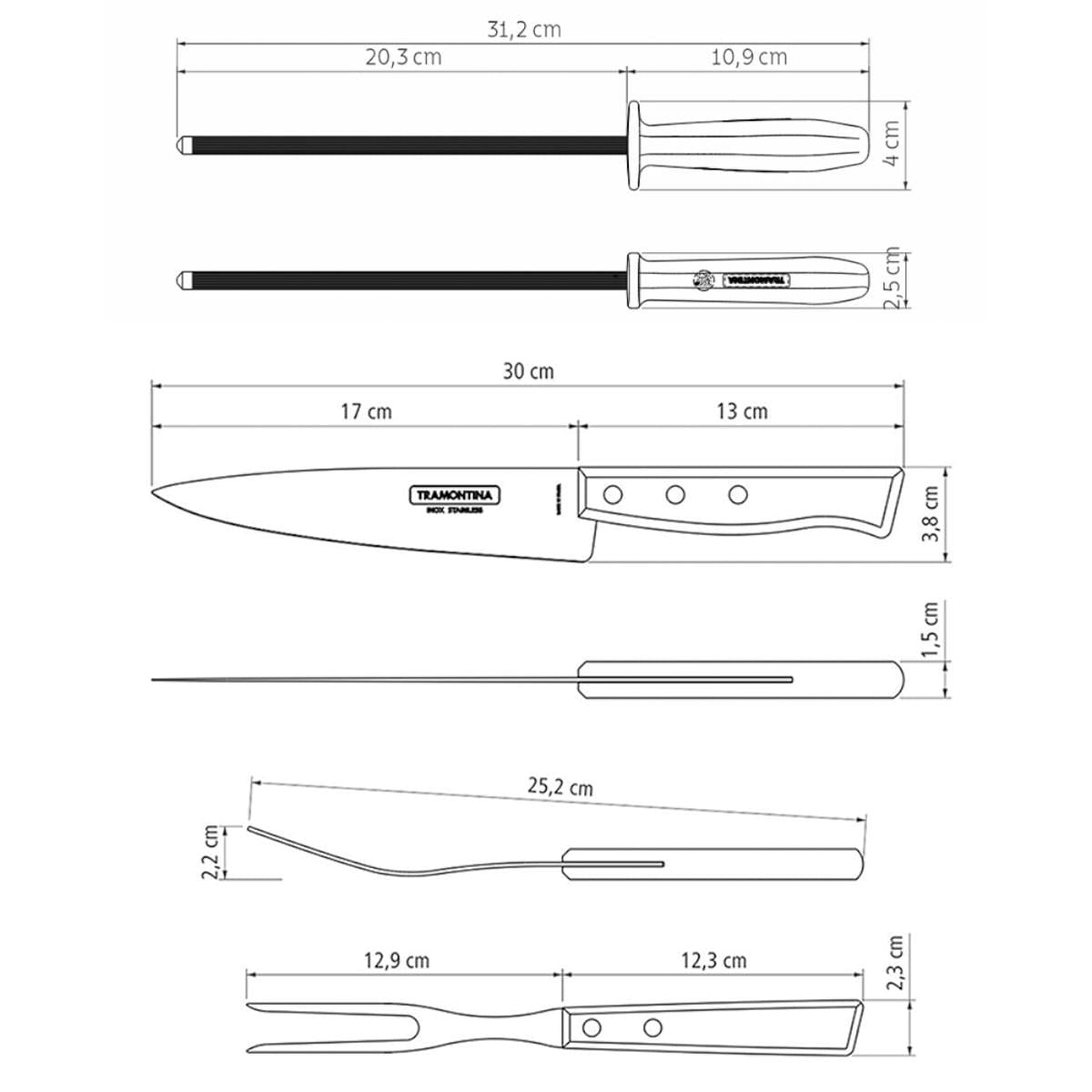 Kit para Churrasco Tramontina Aço Inox Madeira Natural e Polipropileno 3 Peças