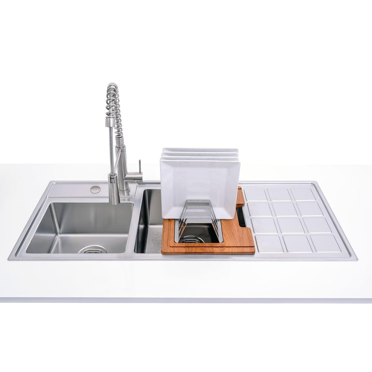 Kit para Cuba Quadrum Tramontina em Aço Inox com Acabamento Scotch Brite e Tábua em Madeira Jatobá Vazada 42x32 cm