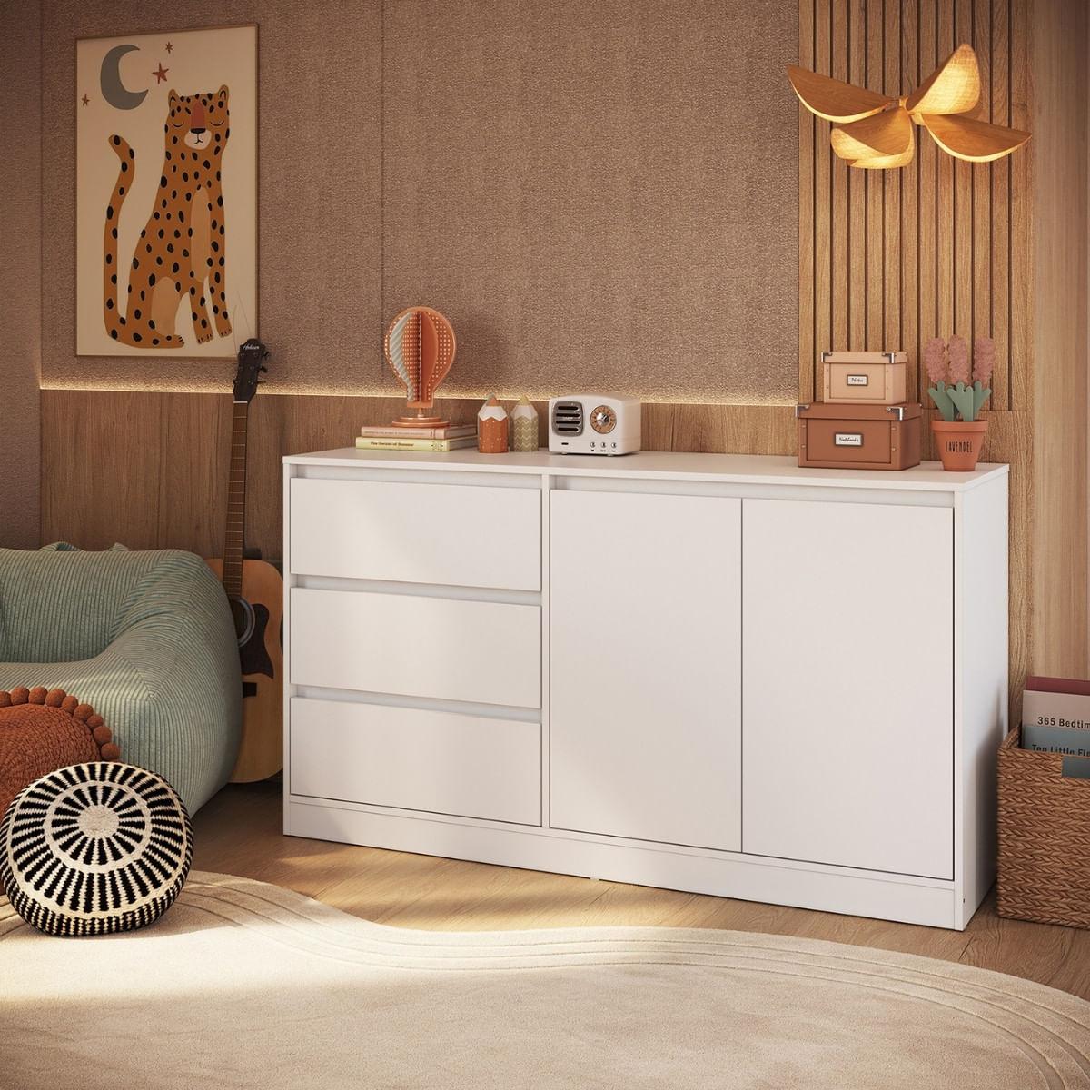 Balcão para Cama Estação de Trabalho 3 Gavetas Branco 142cm Completa Móveis