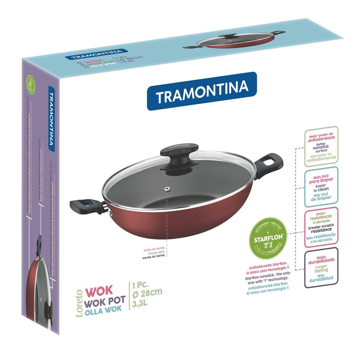 Wok Tramontina Loreto em Alumínio Antiaderente Starflon T1 com Tampa de Vidro Vermelha 28 cm 3,3 Litros