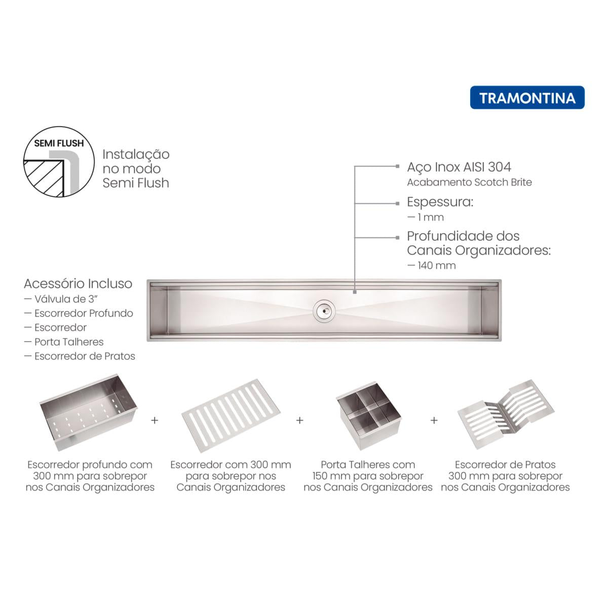 Canal Organizador em Aço Inox Tramontina para Sobrepor Scotch Brite com Acessórios 105x18 cm