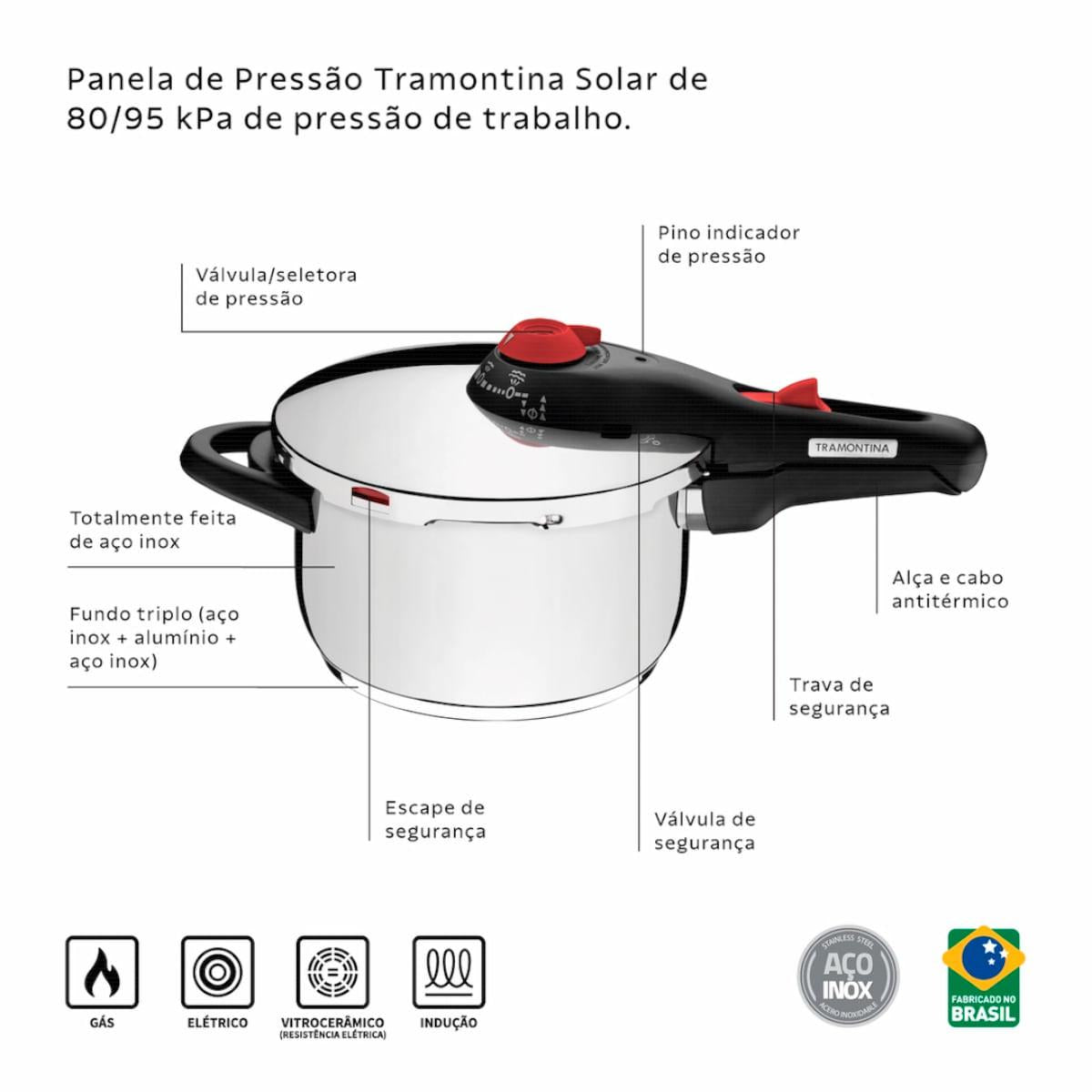 Panela de Pressão Tramontina Solar em Aço Inox Fundo Triplo 22 cm 6 L com Cozi Vapore em Aço Inox