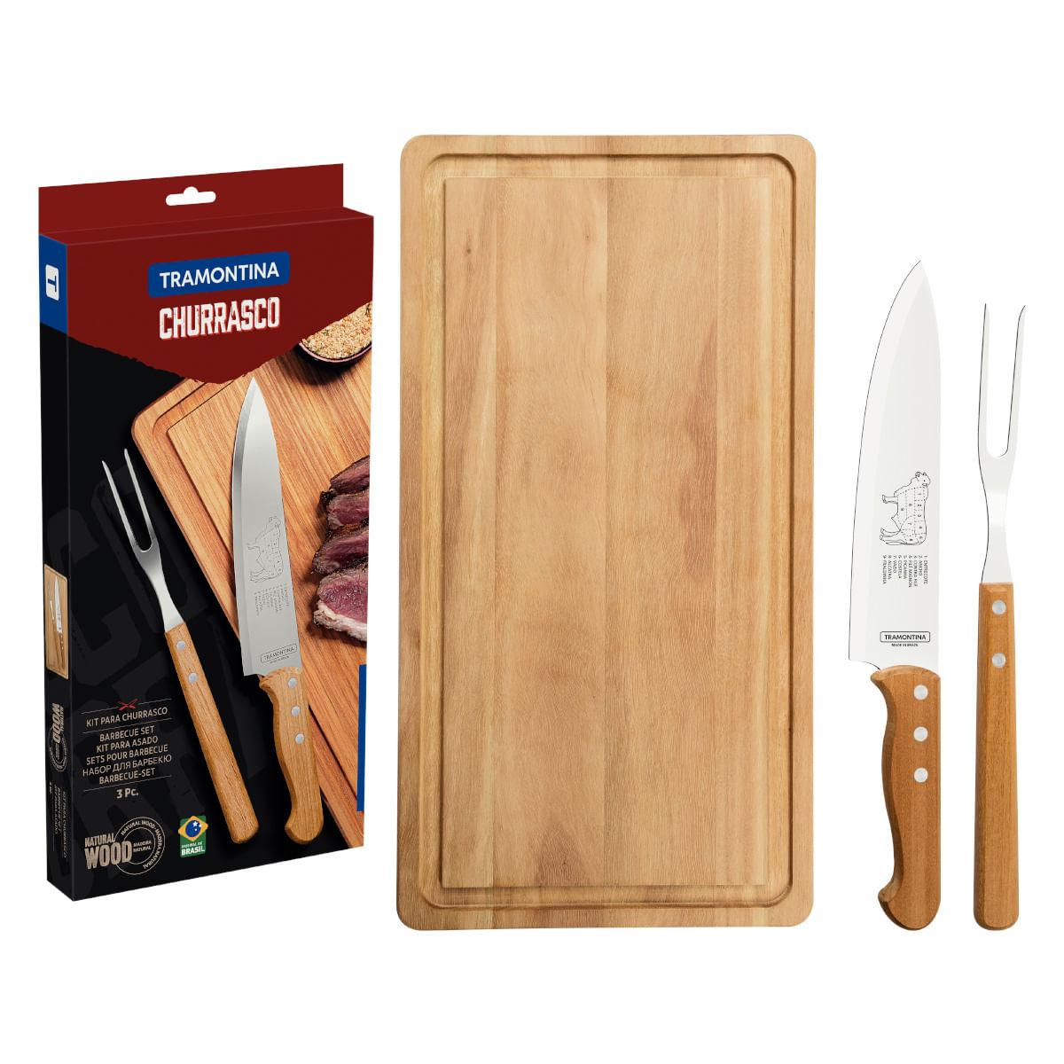 Kit para Churrasco Tramontina Aço Inox Cabo de Madeira Natural com Tábua de Madeira 3 Peças