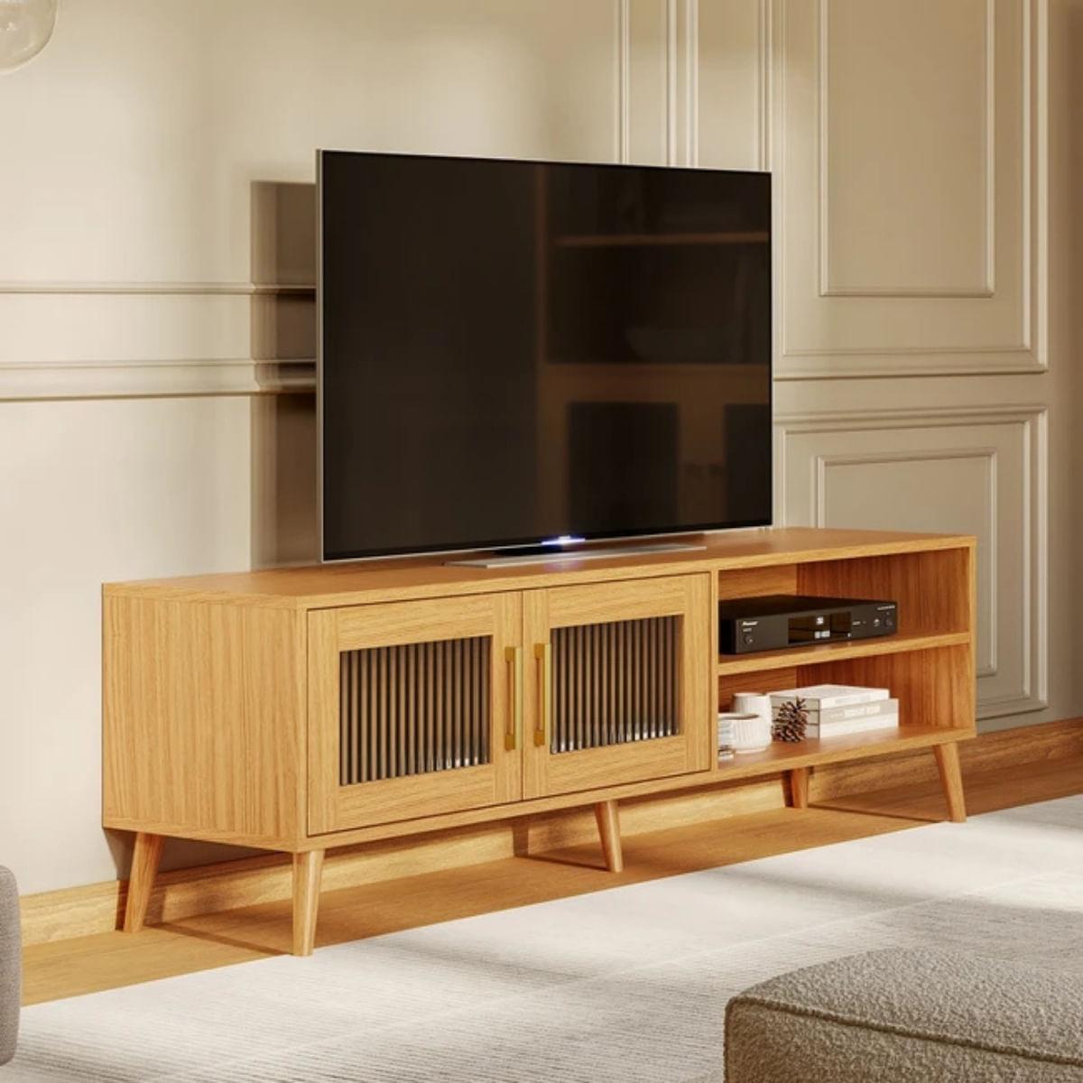 Rack Madrid 160cm 2 Portas Vidro Canelado Carvalho Rosé Dalla Costa