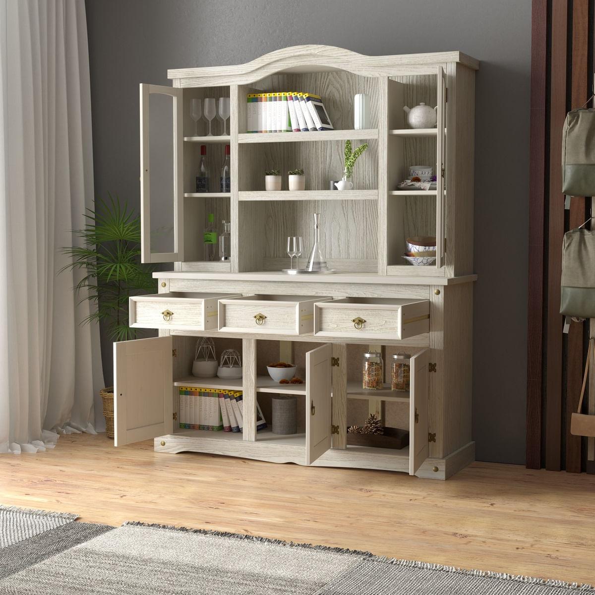 Cristaleira em Madeira 5 Portas 3 Gavetas 153 x 196 cm Patina Branca Elliottiis