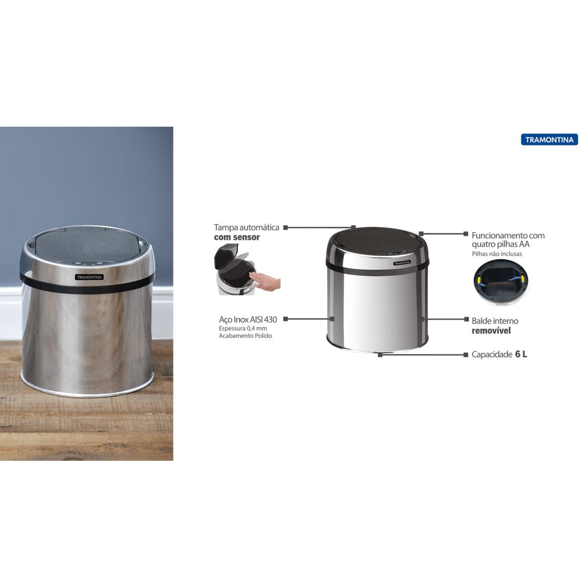 Lixeira Inox Tramontina Easy 6 L Automática com Sensor e Acabamento Polido 94543006