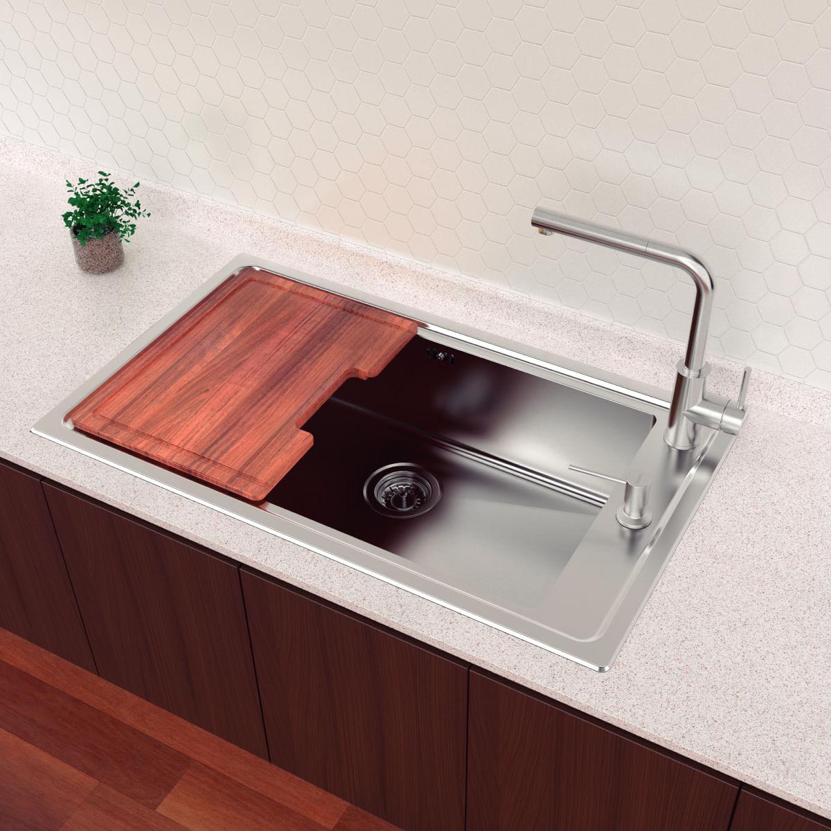 Cuba de Sobrepor Tramontina Square 86x50 em Aço Inox 304 Scotch Brite com Tábua e Dosador de Sabão
