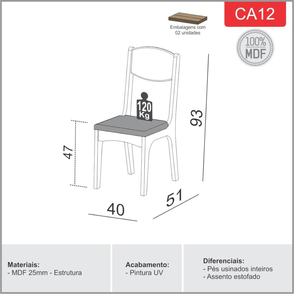 Cadeira para Sala de Jantar em MDF Assento Estofado CA12 Nobre Liso Claro Dalla Costa