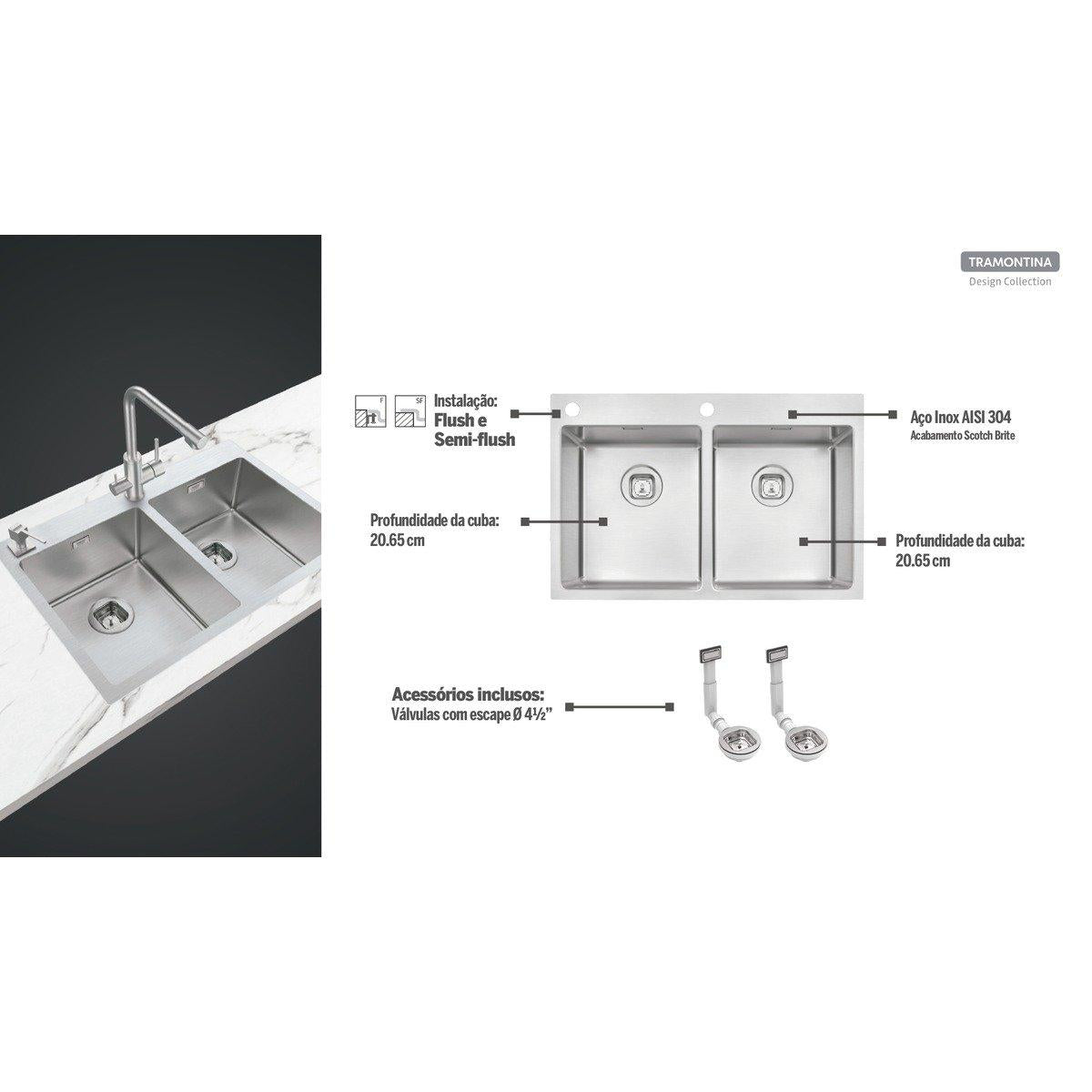 Cuba de Sobrepor Tramontina Quadrum Flush 2C 34 em Aço Inox Scotch Brite 77 x 51 cm OUTLET