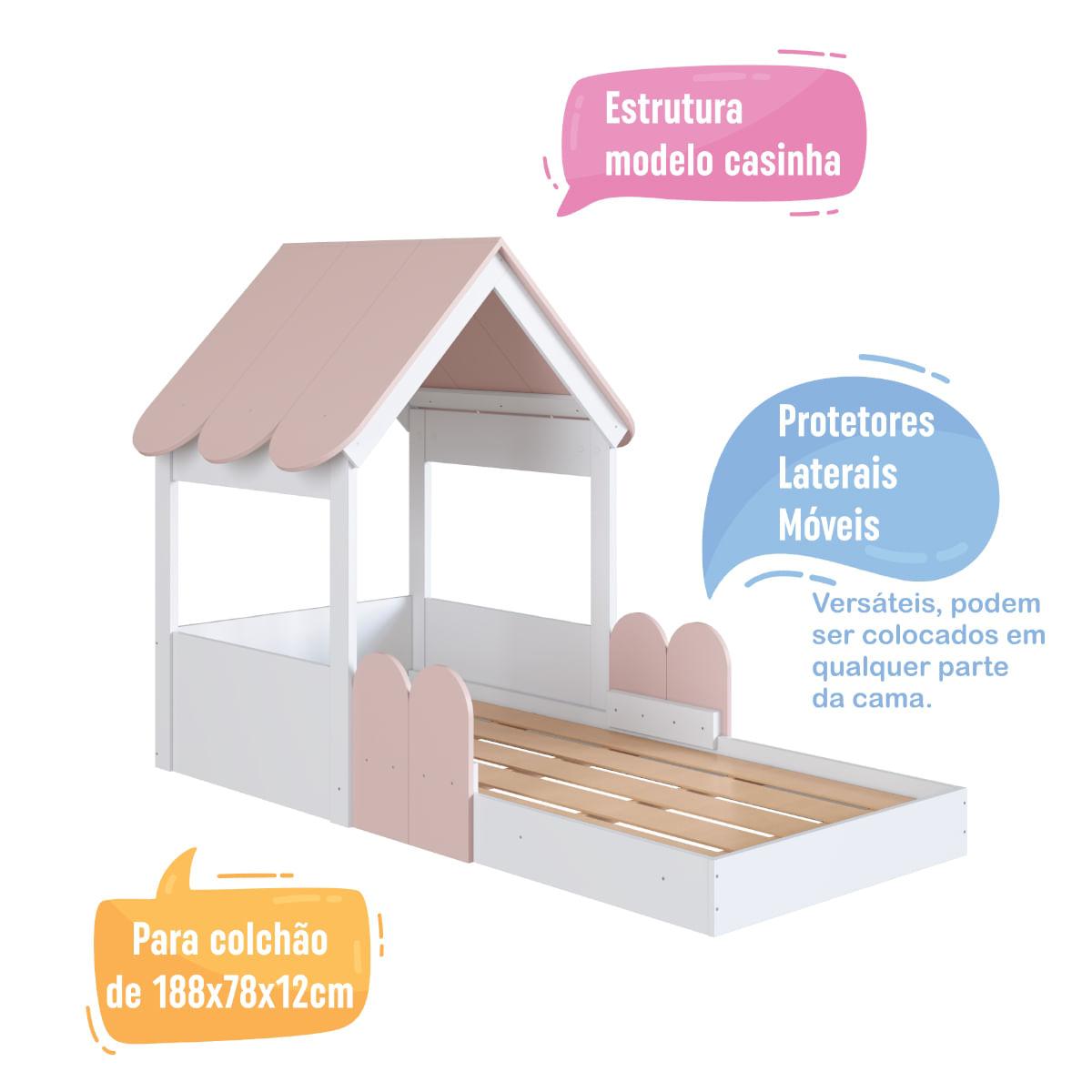 Cama Infantil Montessoriana Casinha Branca e Rosa Completa Móveis