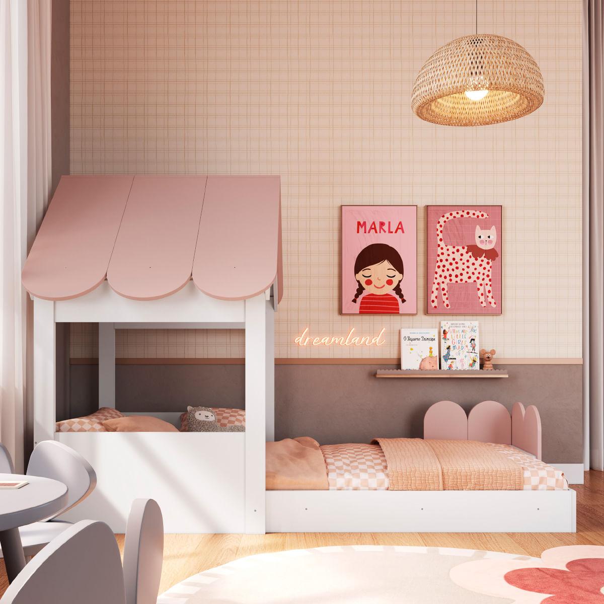 Cama Infantil Montessoriana Casinha Branca e Rosa Completa Móveis