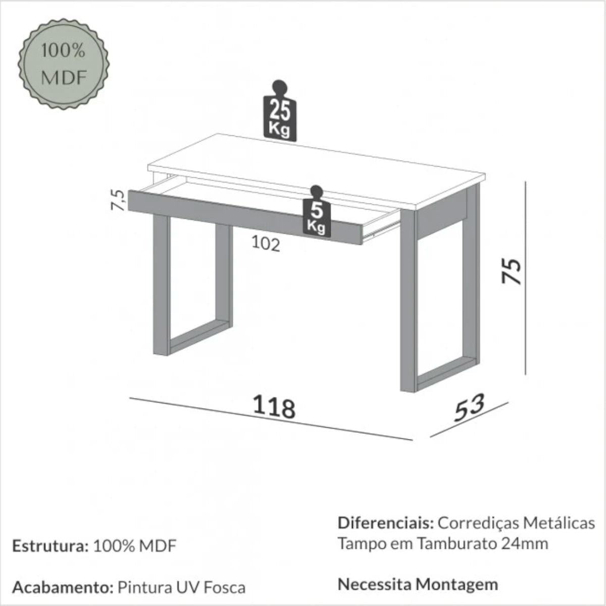 Mesa de Escritório 1 Gaveta em MDF 118x53x75cm Dalla Costa Off White Freijó
