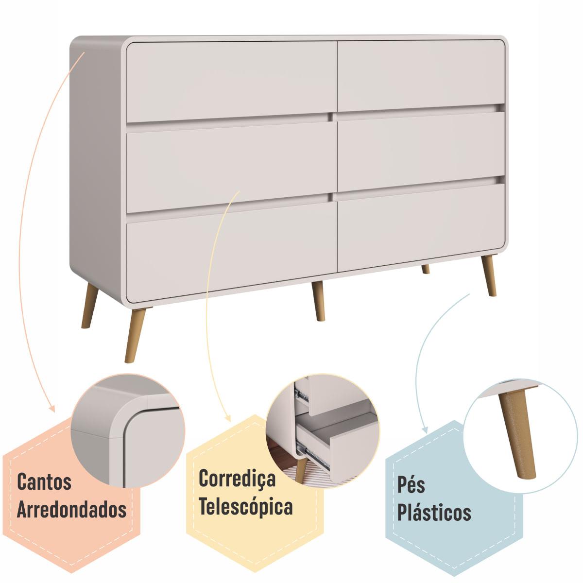Cômoda 6 Gavetas Curve Bege Dunas Completa Móveis
