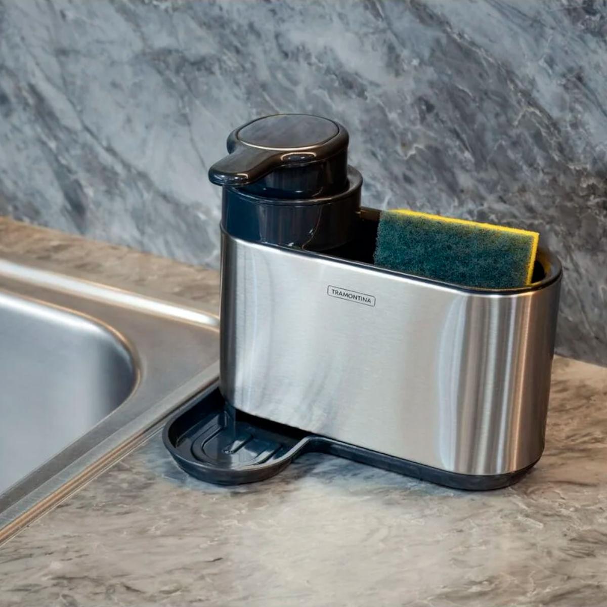 Suporte de Esponja com Dosador de Sabão Tramontina em Plástico ABS e Aço Inox