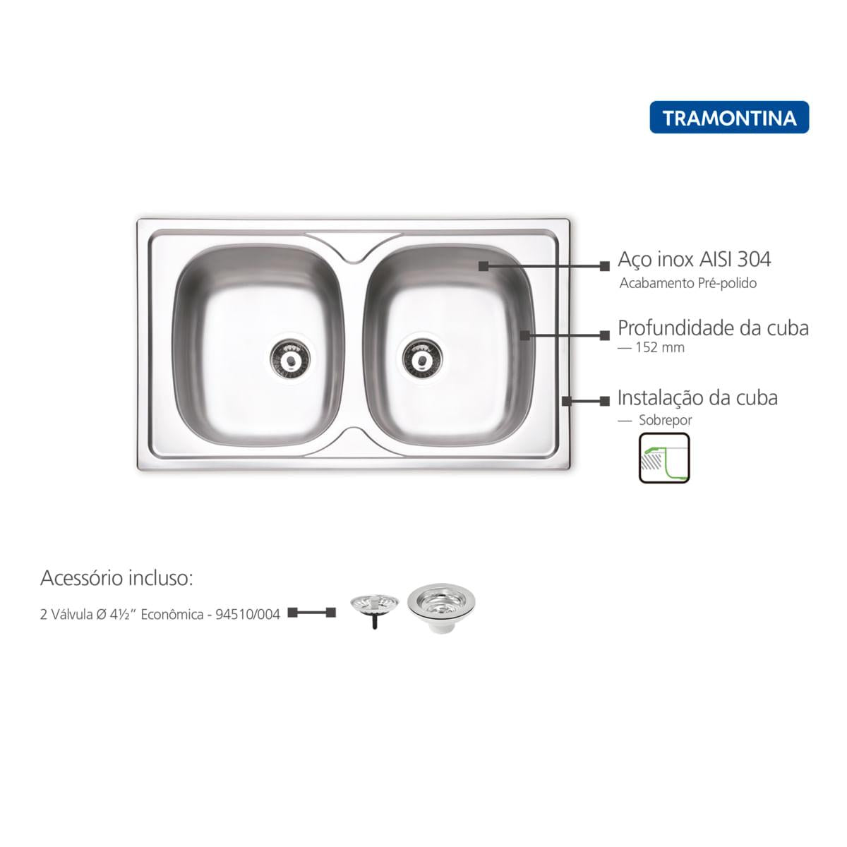 Cuba de Sobrepor Tramontina Sigma 2 Cubas em Aço Inox Pré-polido 86 x 50 cm com Válvula