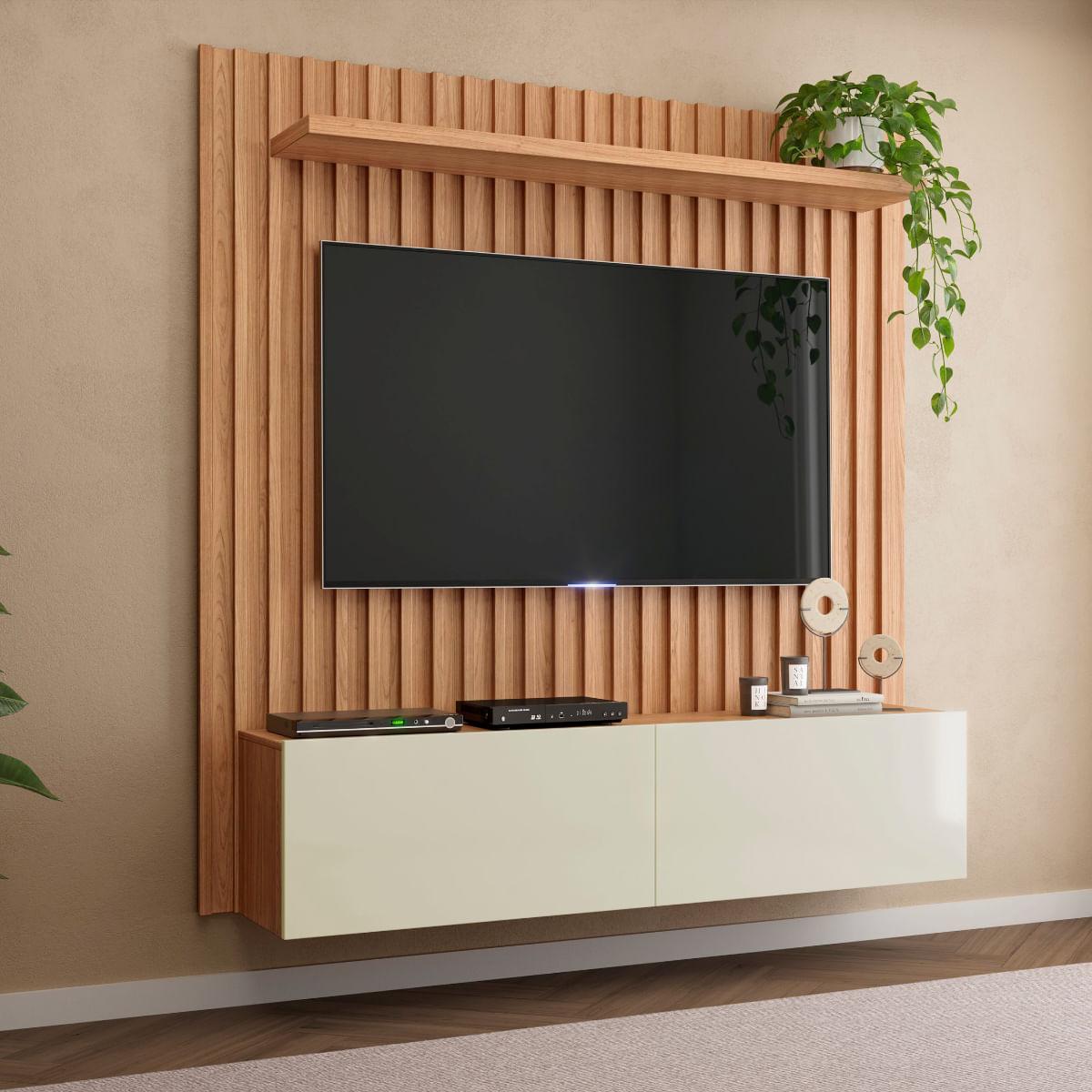Painel Suspenso Ripado em MDF 178cm com 2 Portas Basculante Freijó/Off White Dalla Costa