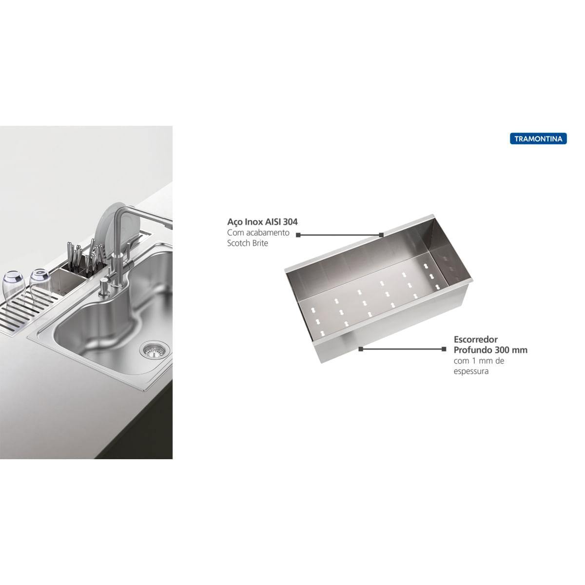 Escorredor Profundo Tramontina em Aço Inox Scotch Brite para Sobrepor no Canal Organizador 30x15 cm