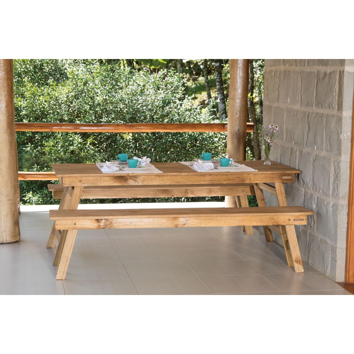 Conjunto de Mesa e Bancos Dobráveis em Madeira Naturalle Rústico Tramontina