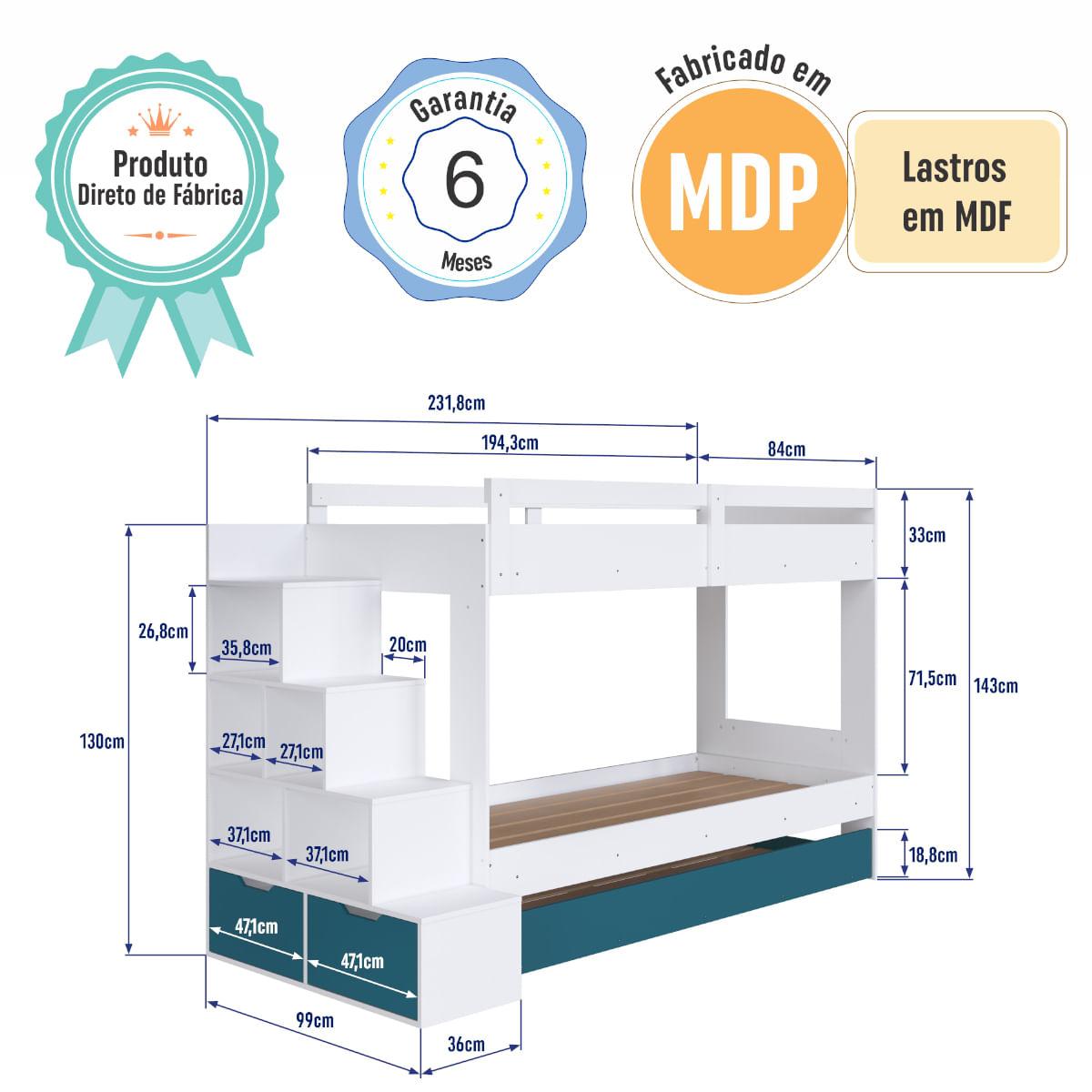 Treliche Infantil Branco e Azul Escada Lateral Nichos Gavetas e Cama Auxiliar Completa Móveis