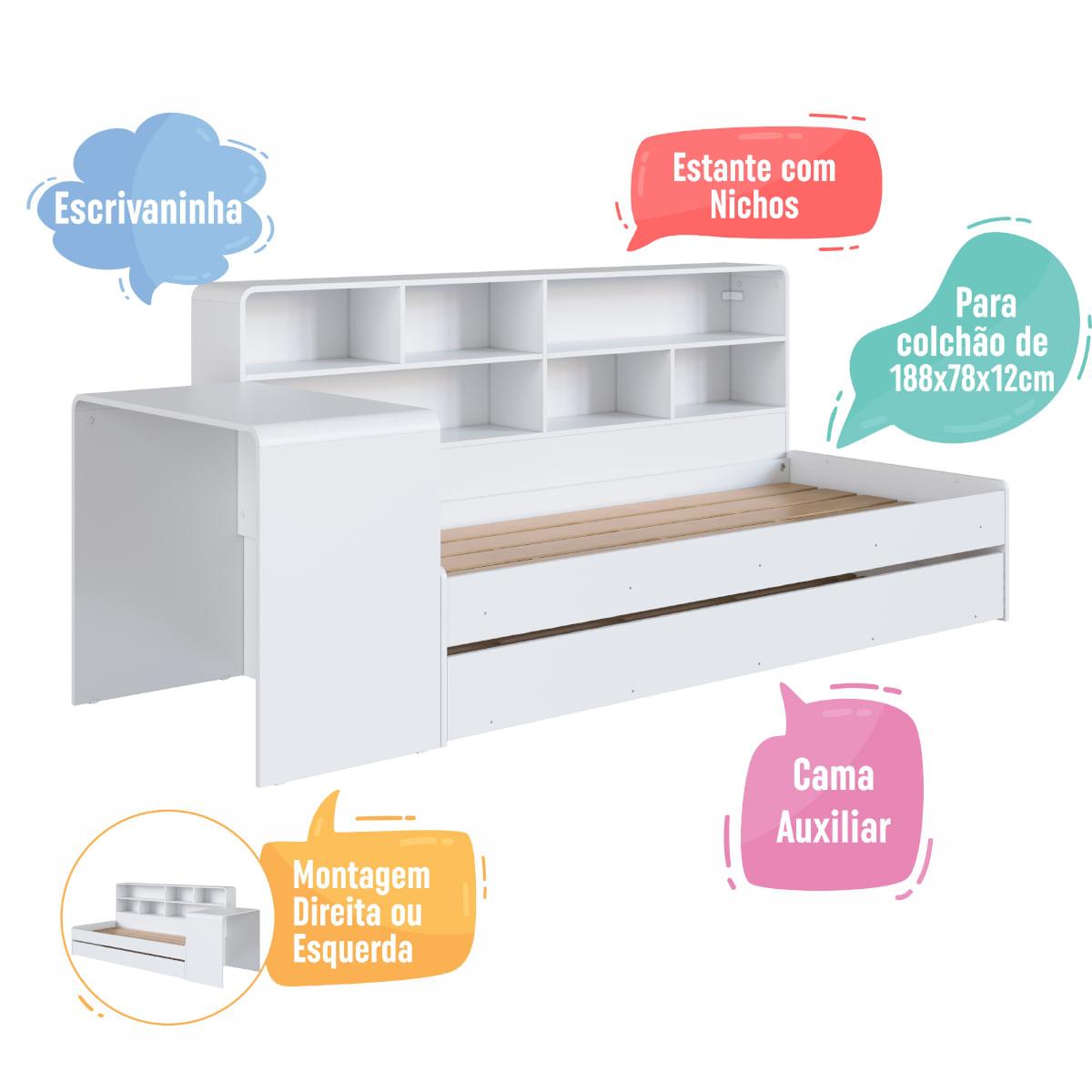Cama Infanto Juvenil com Escrivaninha Estante e Cama Auxiliar Solteiro Branco Completa Móveis