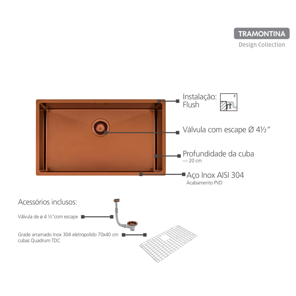 Cuba Tramontina Quadrum 70 em Aço Inox com Revestimento PVD Rose Gold 70 x 40 cm OUTLET