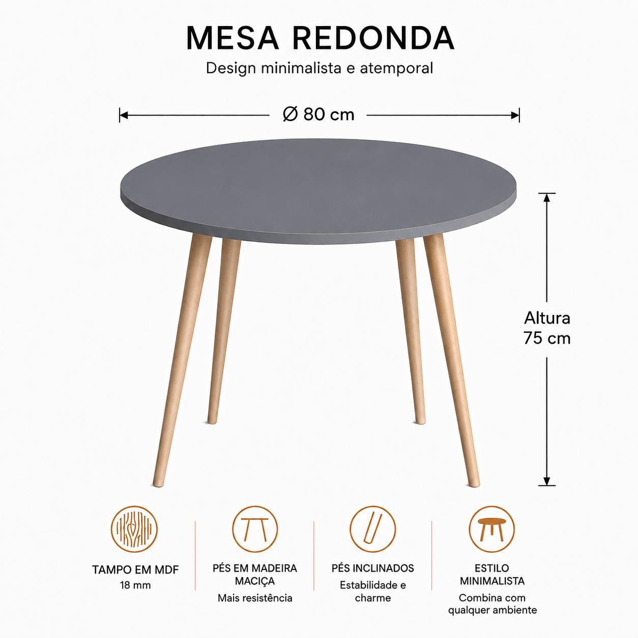 Mesa Jantar Sofia Redonda 80cm Versato 18mm Pés de Madeira Natural Marin