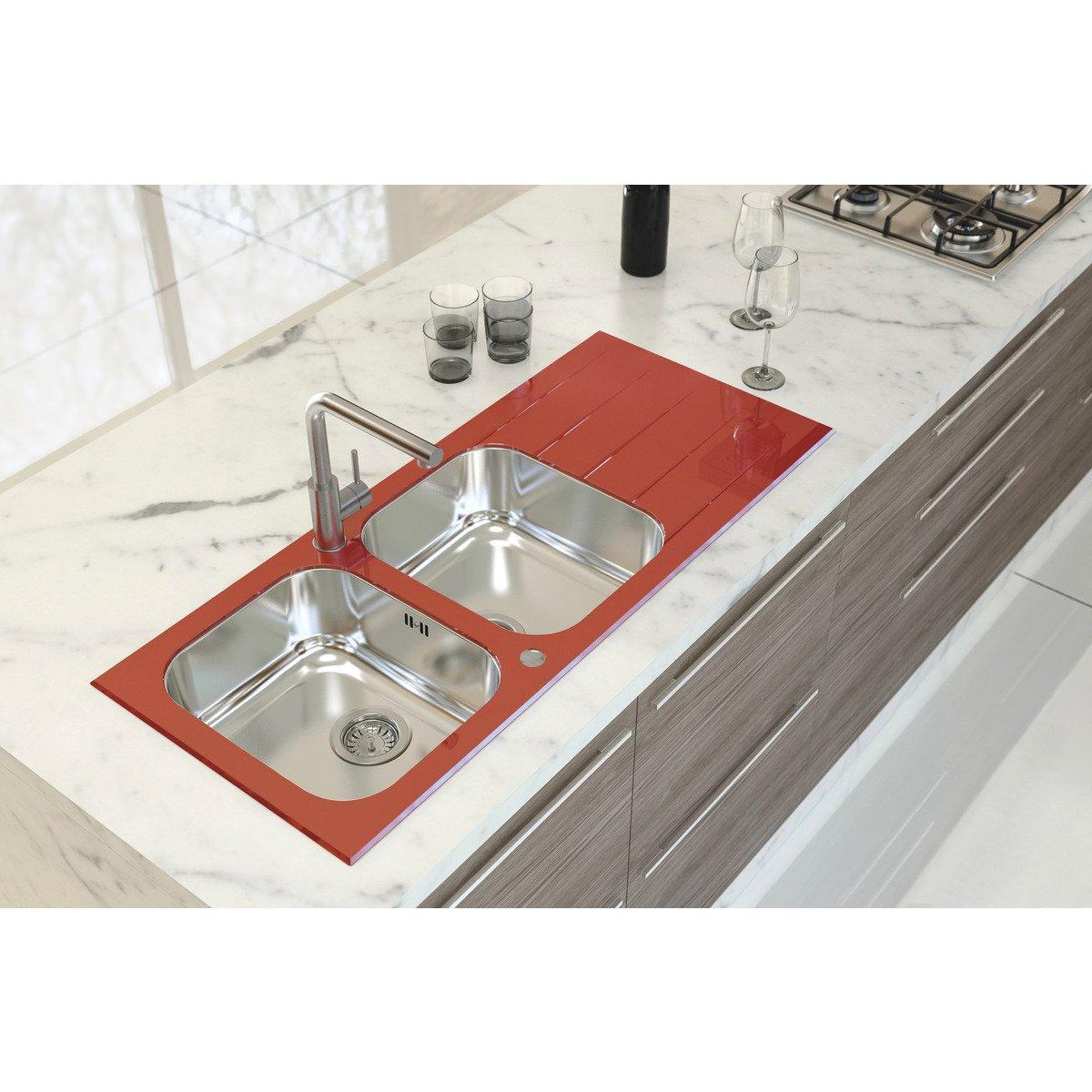 Cuba de Sobrepor Tramontina Vitra 2 Cubas em Aço Inox e Vidro Temperado Vermelho 116 x 50 cm com Escorredor Bandeja e Válvula