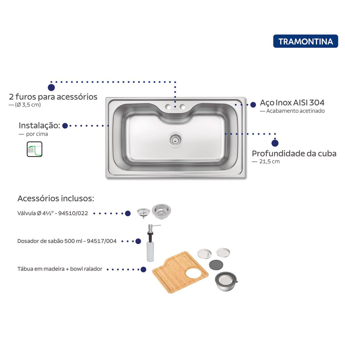 Cuba de Sobrepor Tramontina Morgana Maxi 75 FX 86 x 50 cm Aço Inox com Dosador de Sabão Tábua e Bowl Ralador