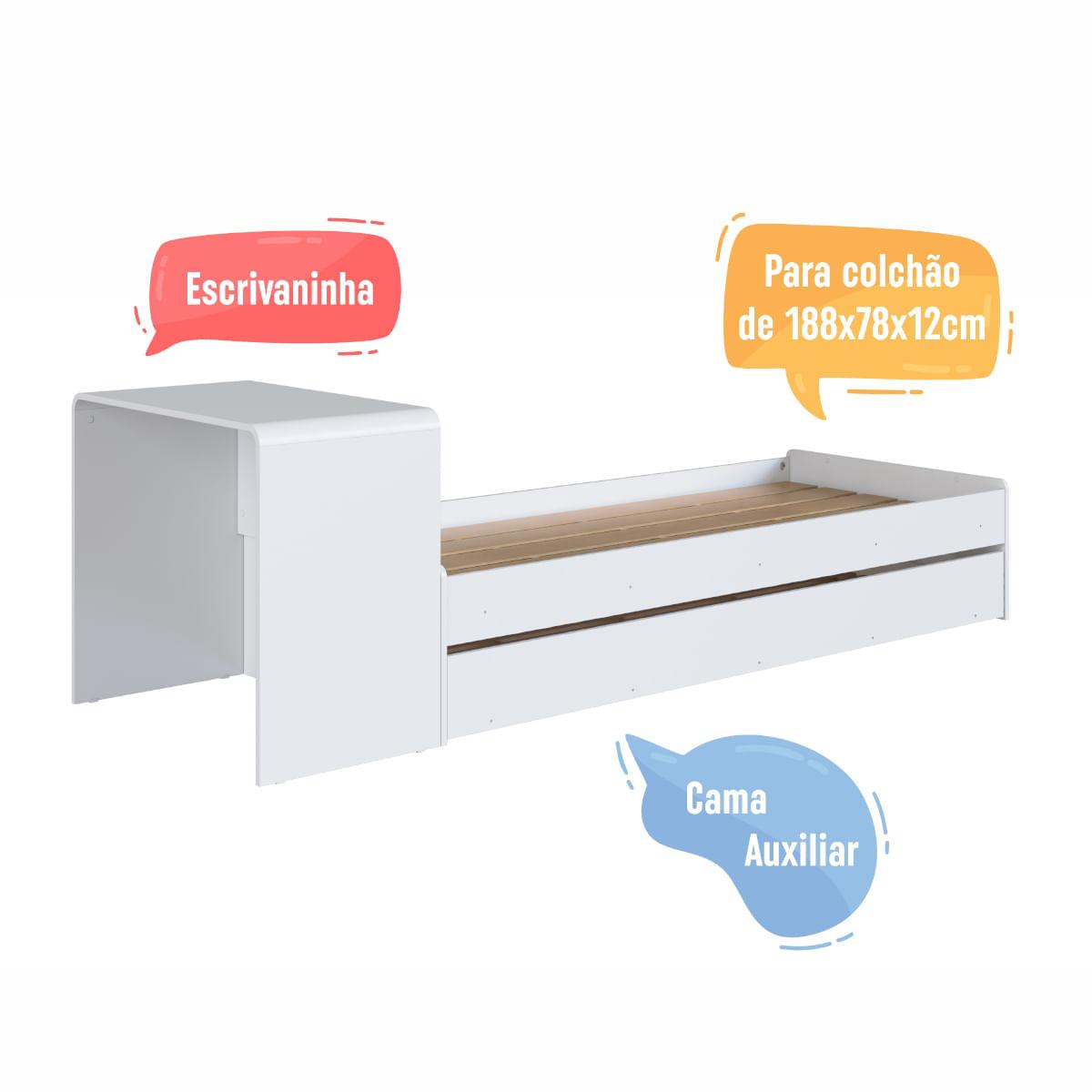 Cama Infanto Juvenil com Escrivaninha e Cama Auxiliar Solteiro Branco Completa Móveis