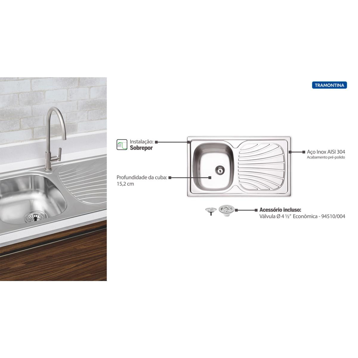 Cuba de Sobrepor Tramontina Alpha 34 R em Aço Inox Pré Polido 86 x 50 cm Perfecta com Válvula