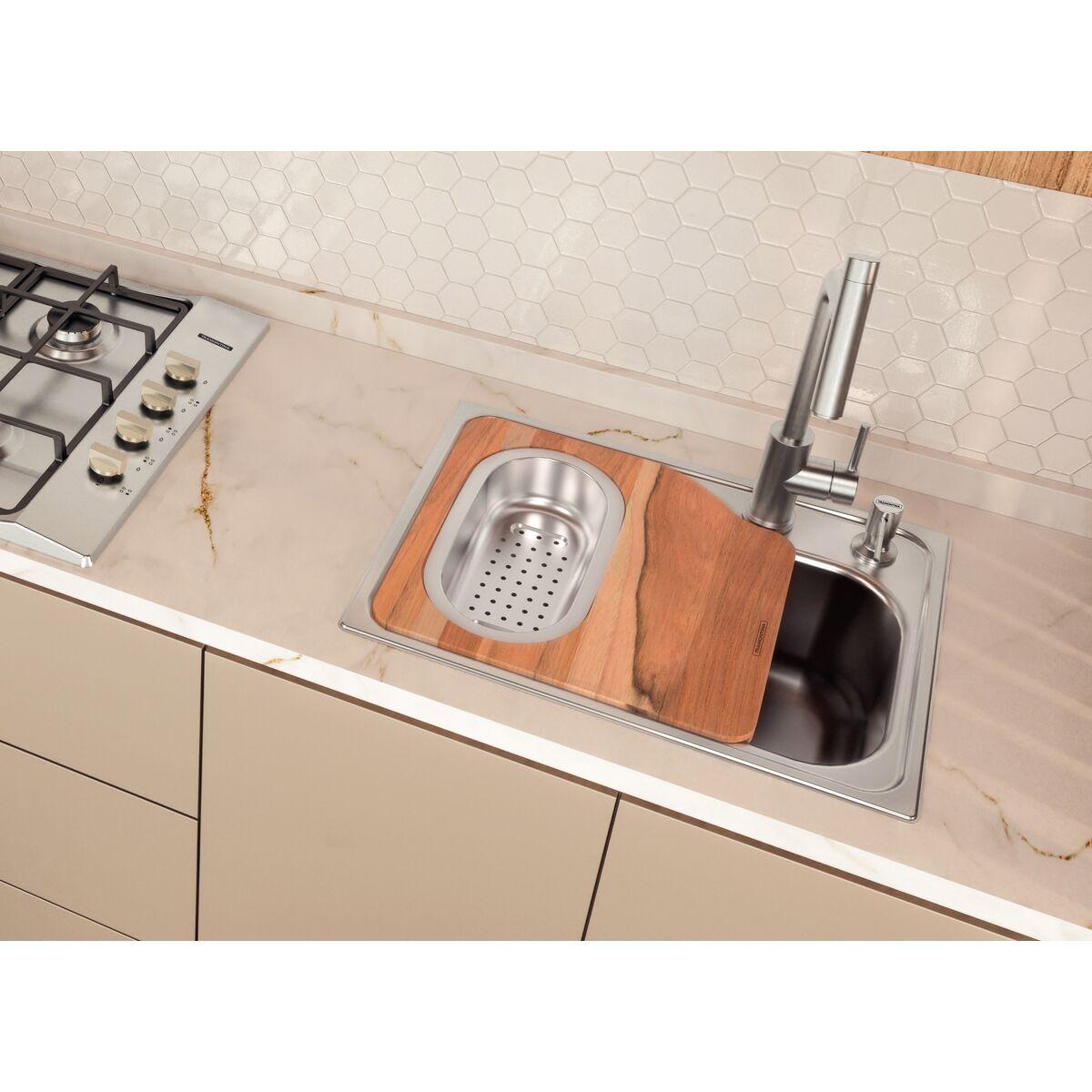 Cuba de Sobrepor Tramontina Morgana Compact 48 FX em Aço Inox Acetinado 55 x 42 cm com válvula, Dosador de Sabão, Tábua e Cesto
