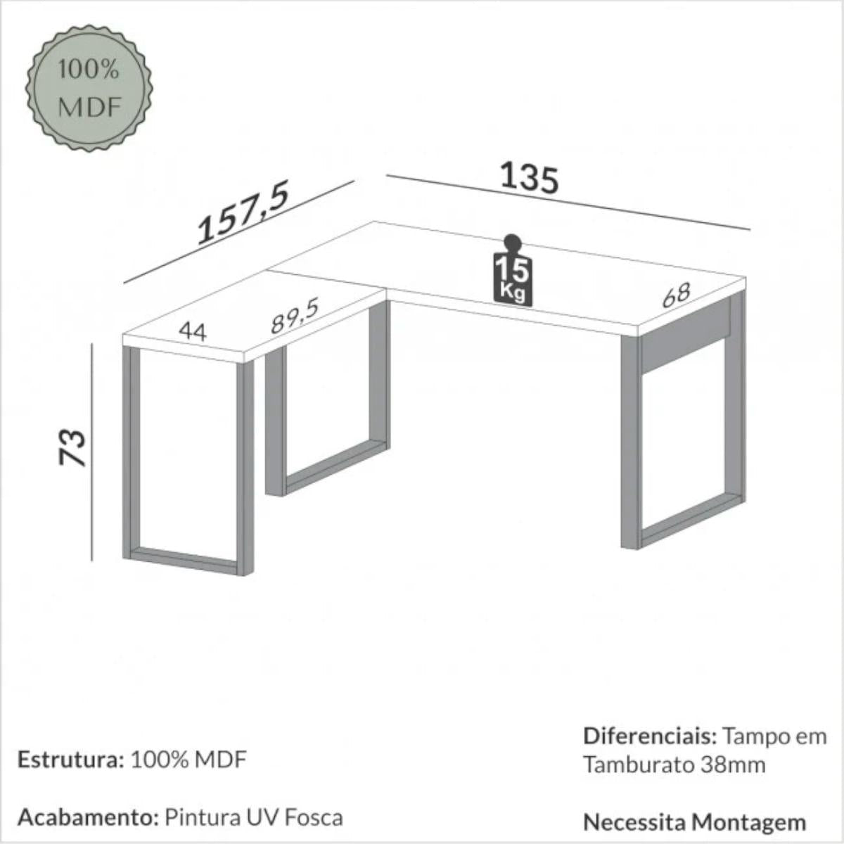 Mesa para Escritório de Canto 135x158cm MDF Off White Freijó Dalla Costa