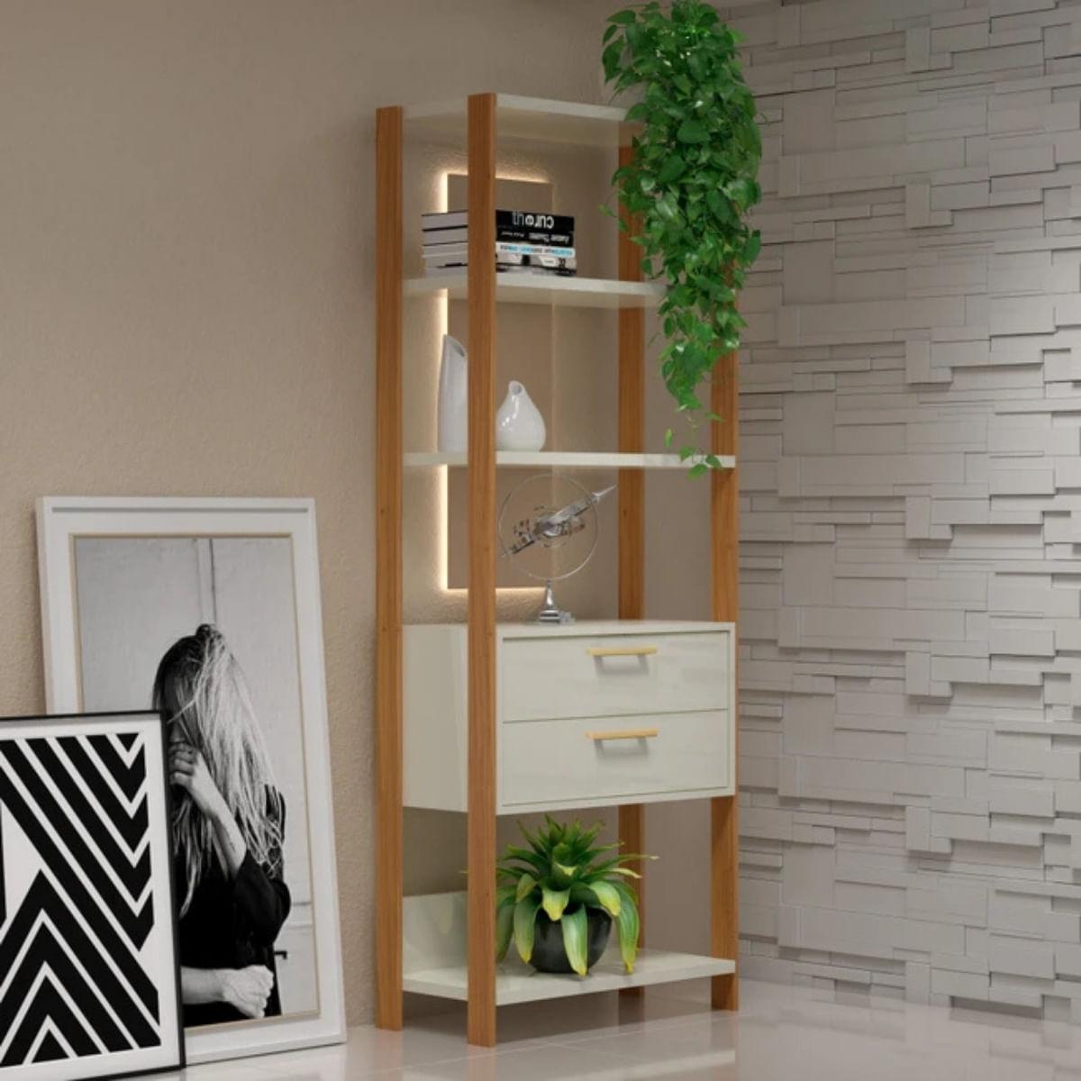 Estante 5 Prateleiras 2 Gavetas Off White Freijó 73x32x185 cm Dalla Costa