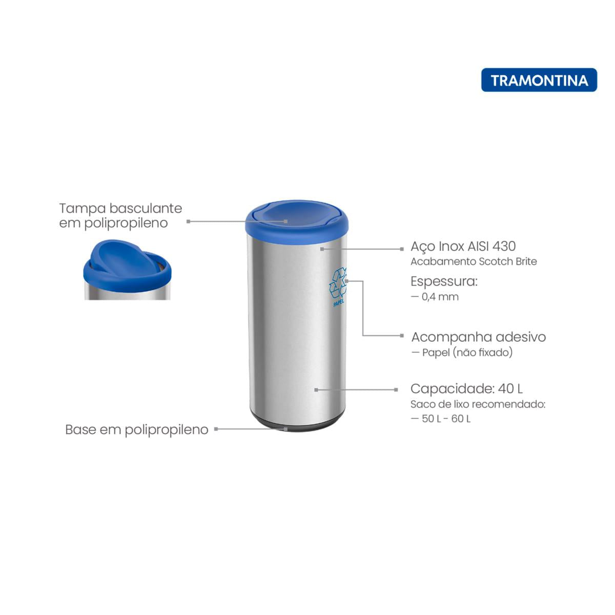 Lixeira Inox Tramontina Piemonte 40 Litros Scotch Brite e Tampa Basculante Azul OUTLET