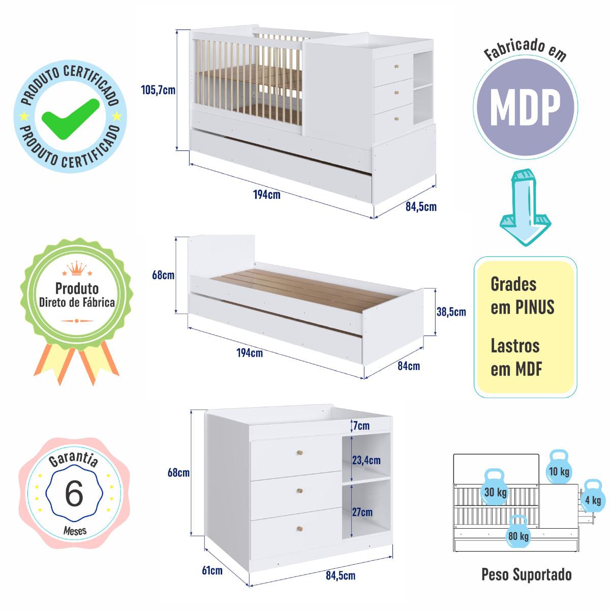 Berço Cama com Cômoda e Cama Auxiliar Branco Completa Móveis
