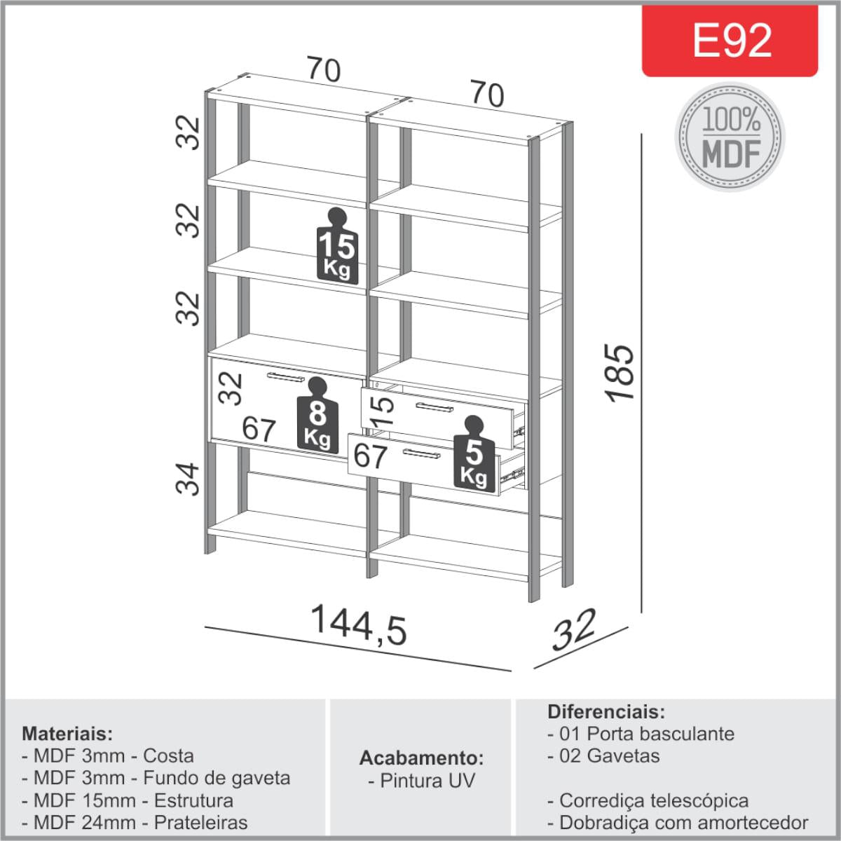 Estante para Livros 2 Gavetas 1 Porta Freijó/Preto Fosco 145 x 32 x 185 cm Dalla Costa E92