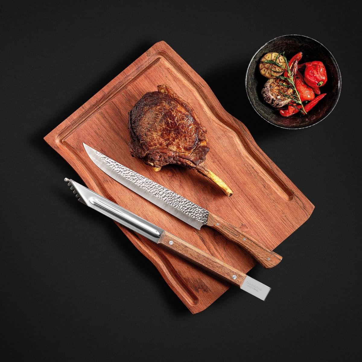 Kit para Churrasco Tramontina em Aço Inox e Madeira com Tábua 3 Peças