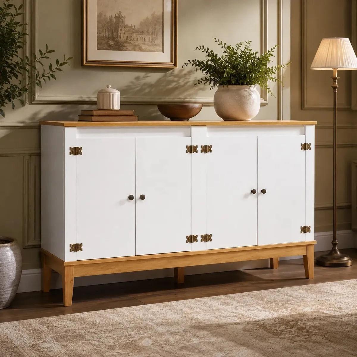 Aparador Colonial 149cm Mel Branco 4 Portas Movelbento