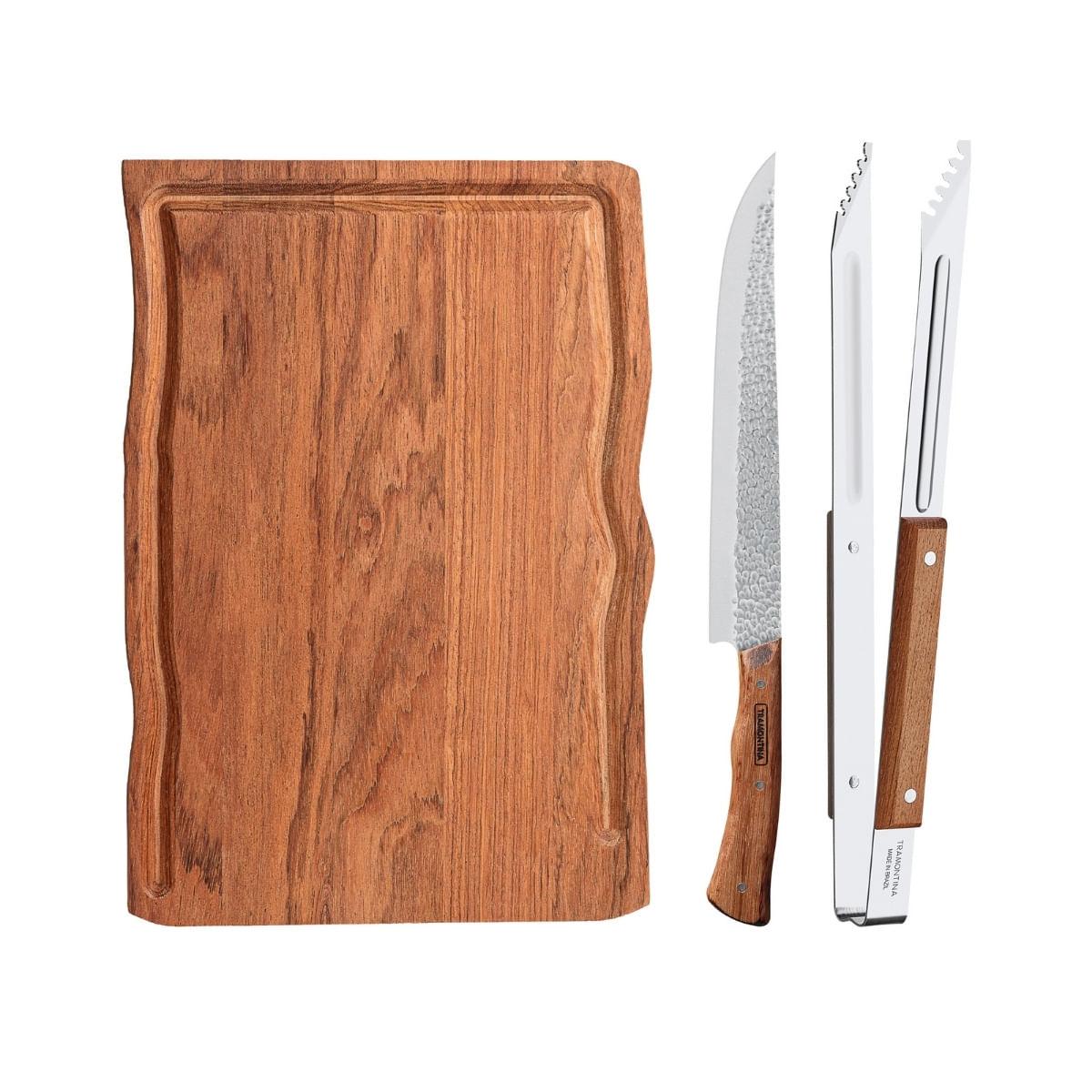Kit para Churrasco Tramontina em Aço Inox e Madeira com Tábua 3 Peças