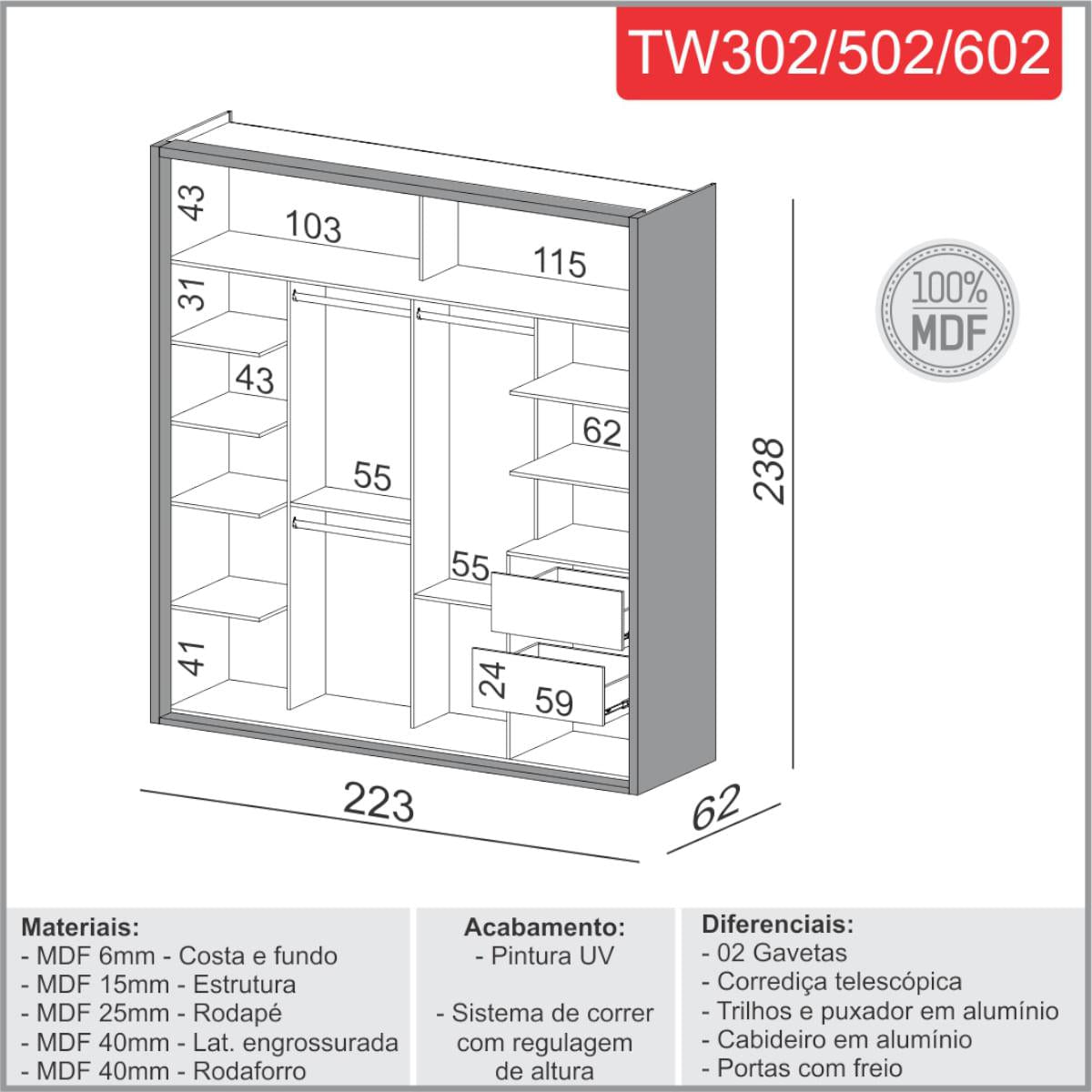 Guarda-Roupa com Espelho 2 Portas de Correr 223 cm Freijó/Off White TW602E JW Dalla Costa