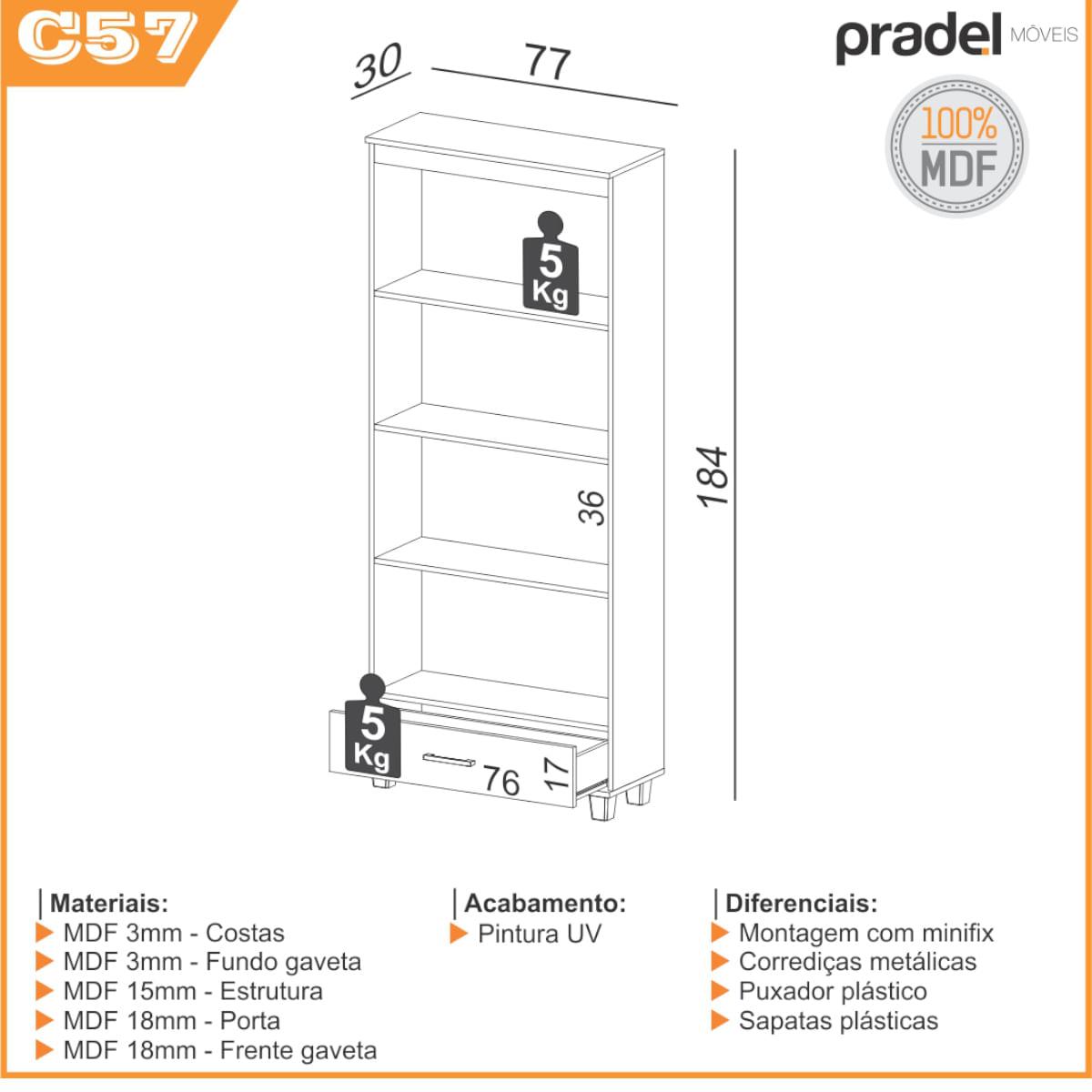 Estante Decorativa para Livros 77x30x184 cm em MDF Freijó C57 Dalla Costa